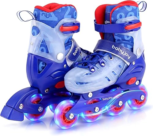 Vista 10 de BABY JOY Patines en línea, 4 tamaños ajustables para niños con ruedas iluminadas para niños de 5 a 14 años, divertidos patines iluminadores