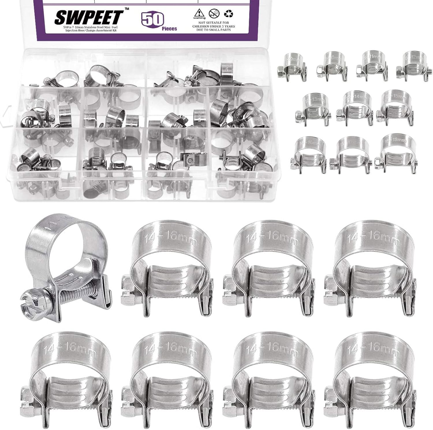 Swpeet 50Pcs 10 Sizes 304 Stainless Steel Mini Fuel