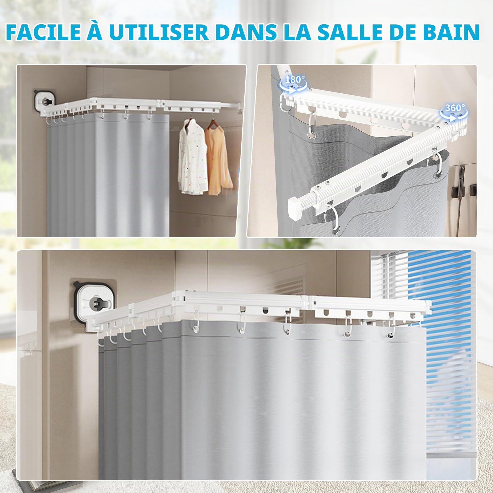 Tringle à rideau de douche sans perçage avec rideau de douche et anneaux, pliable à 360°, en aluminium, pour douche en forme de L et d'angle, pliable et peu encombrante (blanc, 5 compartiments)