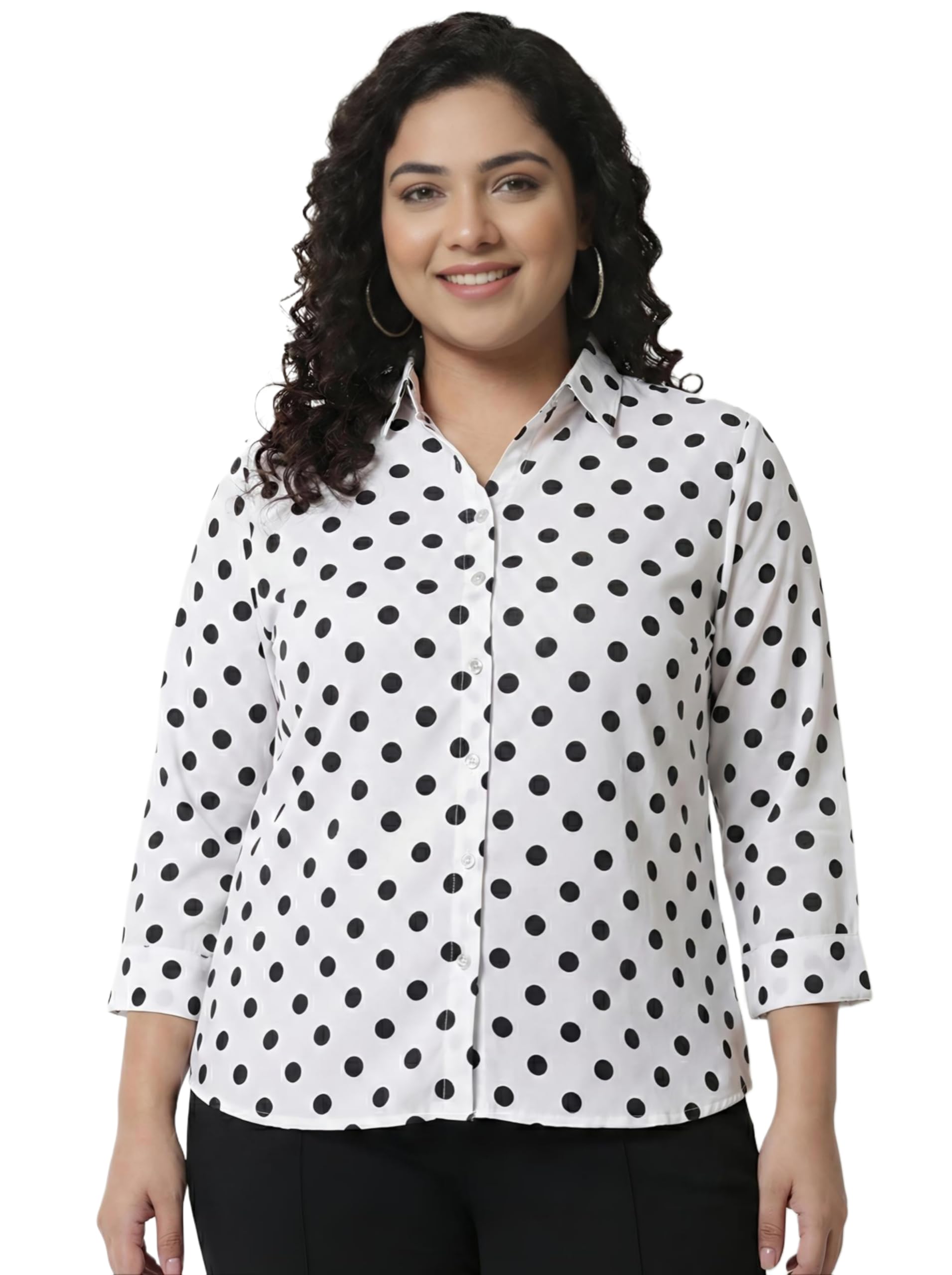 angoori fashion Women’s Polka Dot Shirt | 3/4 Sleeve Button Down Blouse | Office Casual Wear | Plus Size 2XL-7XL | White Polyester-picture-50