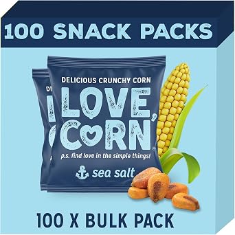 LOVE CORN Crunchy Corn Bulk Pack Sea Salt 100 x 20g - Sharing Box | High Fibre Snack   High Oleic Sunflower Oil, Gluten-Free, Vegan, Kosher   Low Sugar Healthy Graze   Large Crisps Alternative