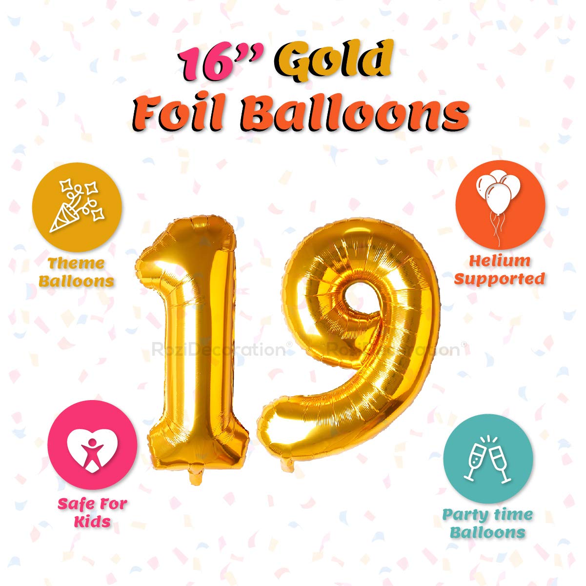 Rozi Decoration 19 Number Golden Foil Balloons 16? Inch Helium Supported for 19th Birthday Decoration Items | 19th Anniversary Decoration | 19 Number Balloon Pack of 2 Pcs 4