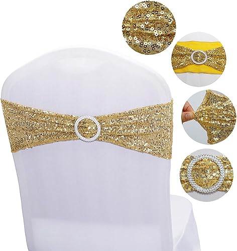 Miniatura 3 de 25 bandas elásticas de elastano con lentejuelas para silla, para bodas, recepciones, eventos, banquetes, sillas y decoración (dorado)