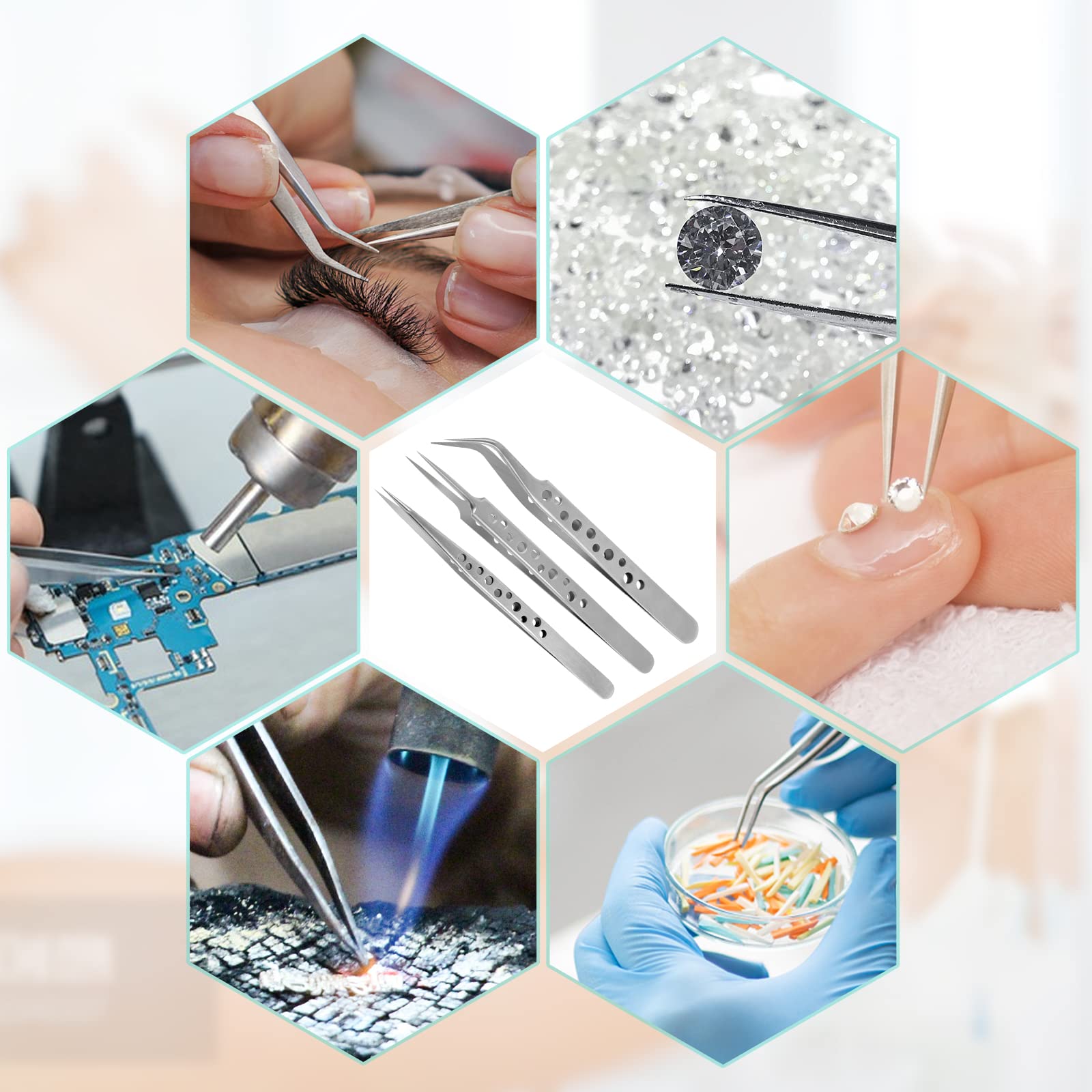 3 Pinzette di Precisione in Acciaio Inox, Pinzette Industriali Antistatiche, Pinzetta per Extension Ciglia Professionali, Dritto e Curvo Tweezers Elettronica per Arte Fai Da Te, Artigianato, Gioielli
