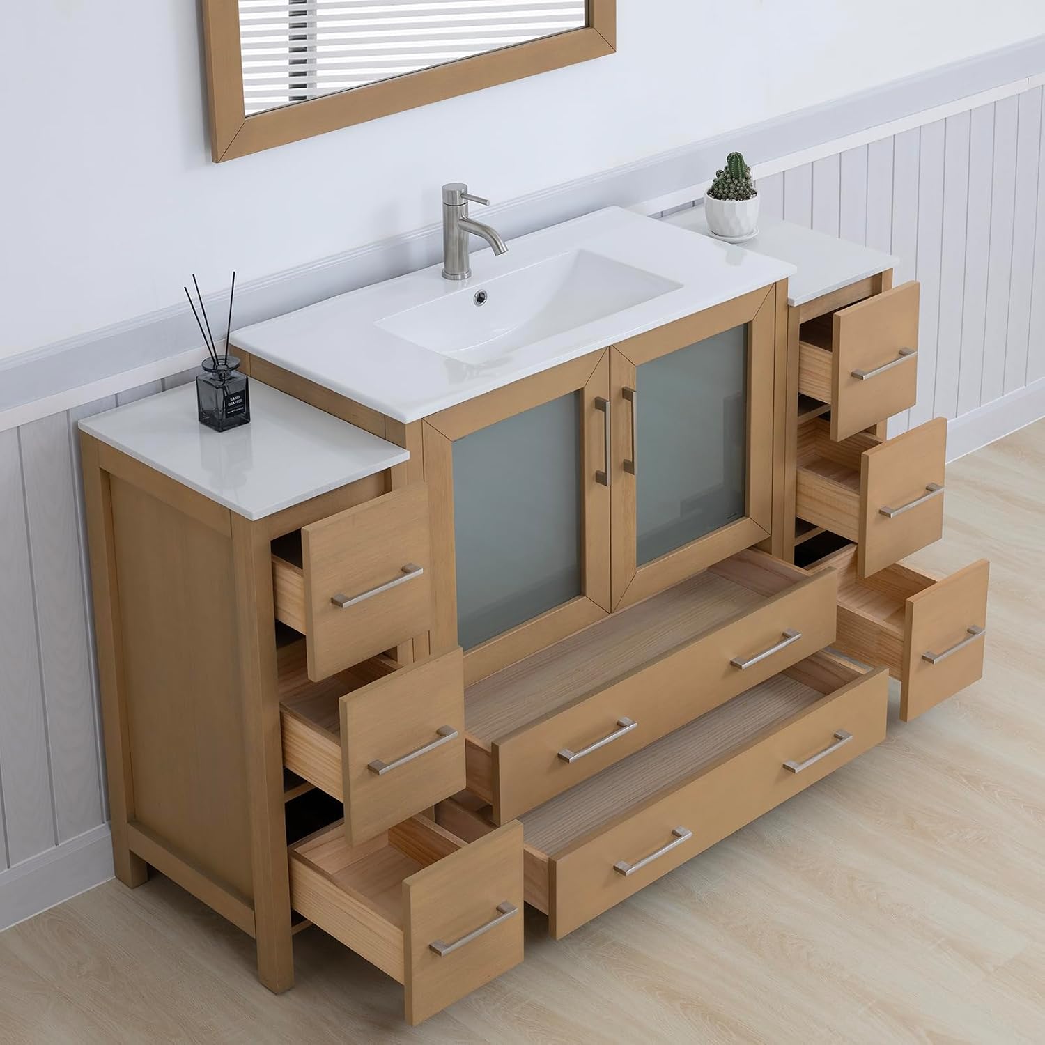 Vanity Art 60 Inch Under Mount Single Sink Bathroom Vanity Cabinet with 1 Mirror, Ceramic Top Bathroom Cabinet Compact Set with 8 Dovetail Storage Drawers and Brushed Nickel Handles, VA3036-60-NO