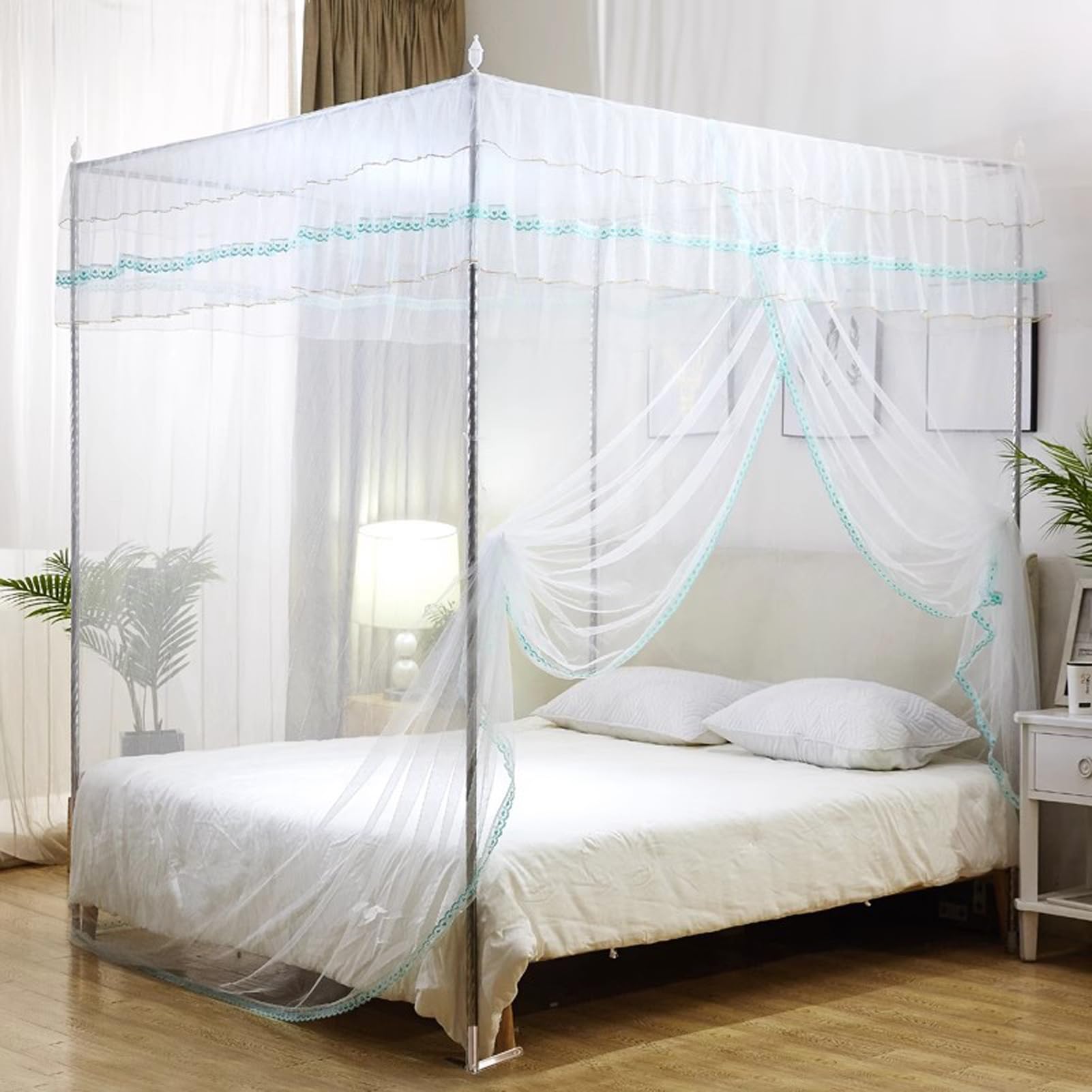 Moskitonetz-Halterung, Edelstahl-Betthimmel Bett-Baldachin-Rahmen Vier Eckbett Moskitonetzhalter Himmelbett, Einfach Installieren, Für Twin Full Size (Size:1.5X2.0M)