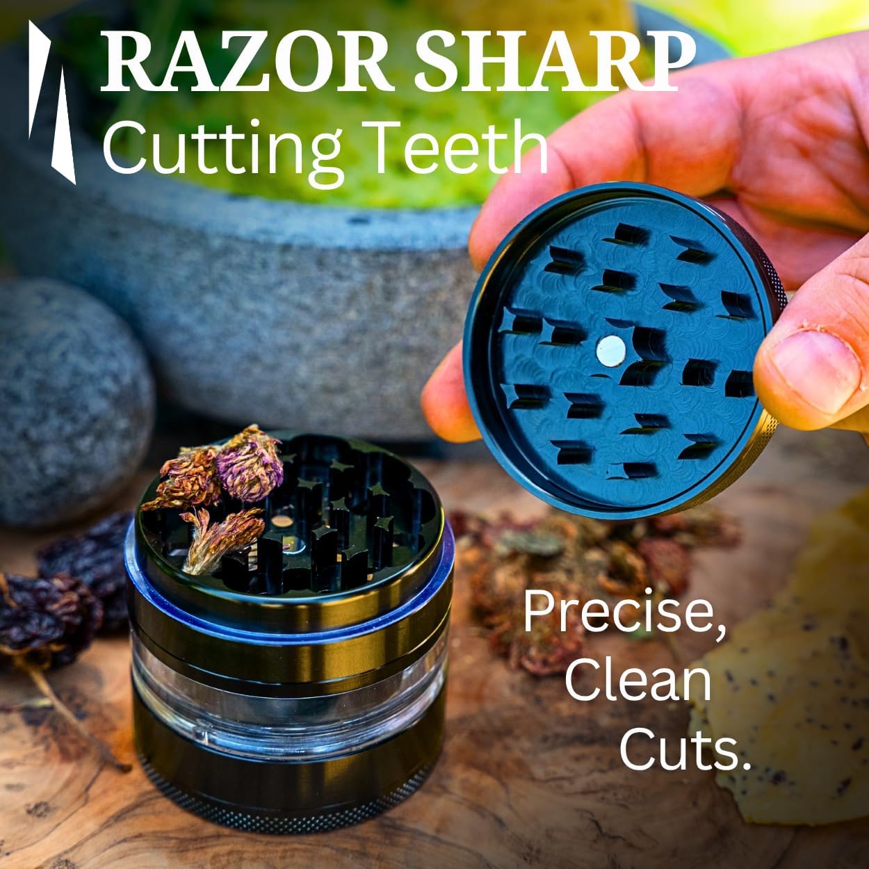 Clear Cut 4 Piece Herb Grinder – 2.75" Manual Dry Herb Grinder, Spice Mill with Transparent Storage Chamber & Diamond-Sharp Teeth, Aluminum Alloy, Portable, Easy-Clean Design