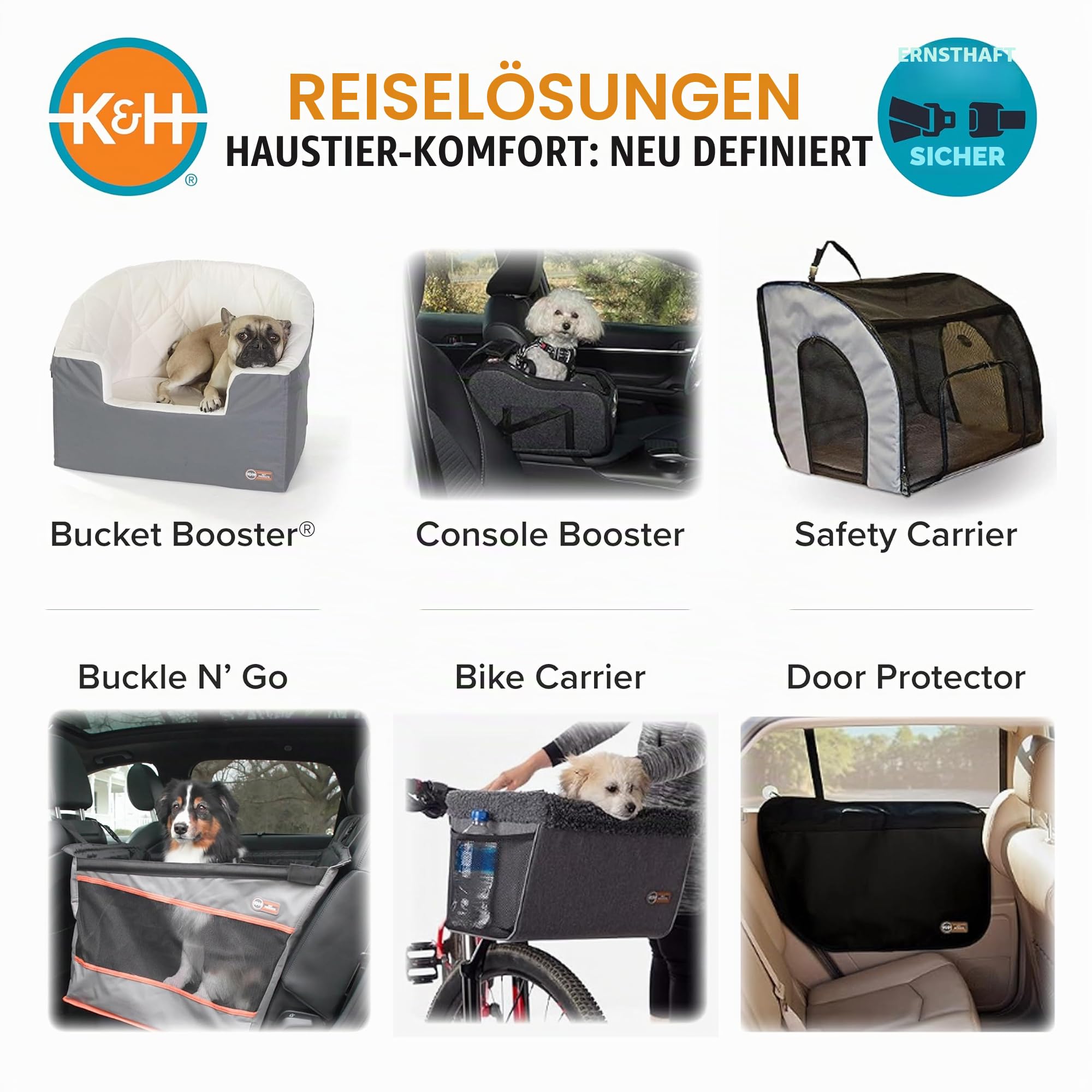 K&H PET Products Reise-Sicherheitstasche für Haustiere, Hundebox für Autoreisen, weiche Seitentasche für Katzen und kleine Hunde, tragbare Autositz-Zwinger, grau/schwarz, klein, 43,2 x 40,6 x 38,1 cm
