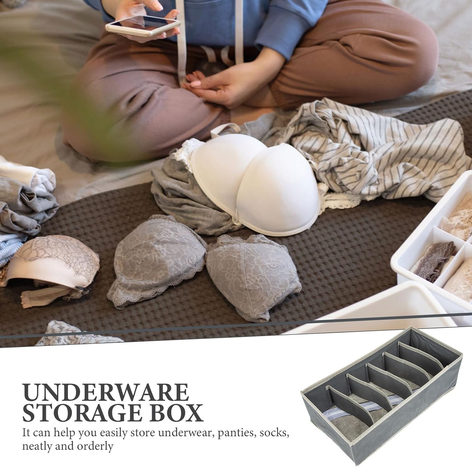 Garneck 3pcs Storage Box, 6 Compartment Non Woven Fabric Drawer Organizer