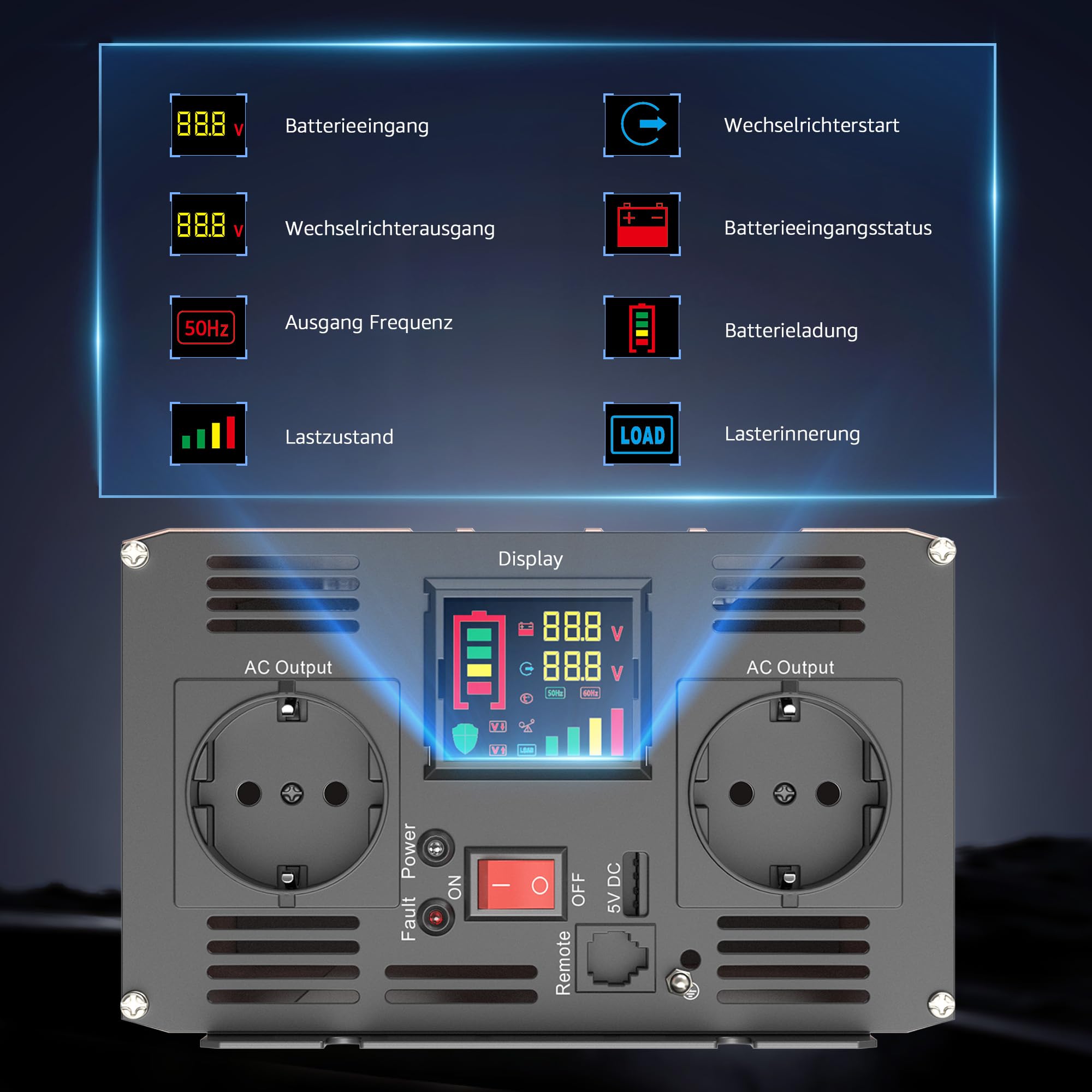 XWJNE Inverter onda sinusoidale pura 1000W/2000W 12V a AC 220/230V Onda Pura Convertitore con telecomando e Display LED Protezione Multipla Trasformatore di Potenza Convertitore