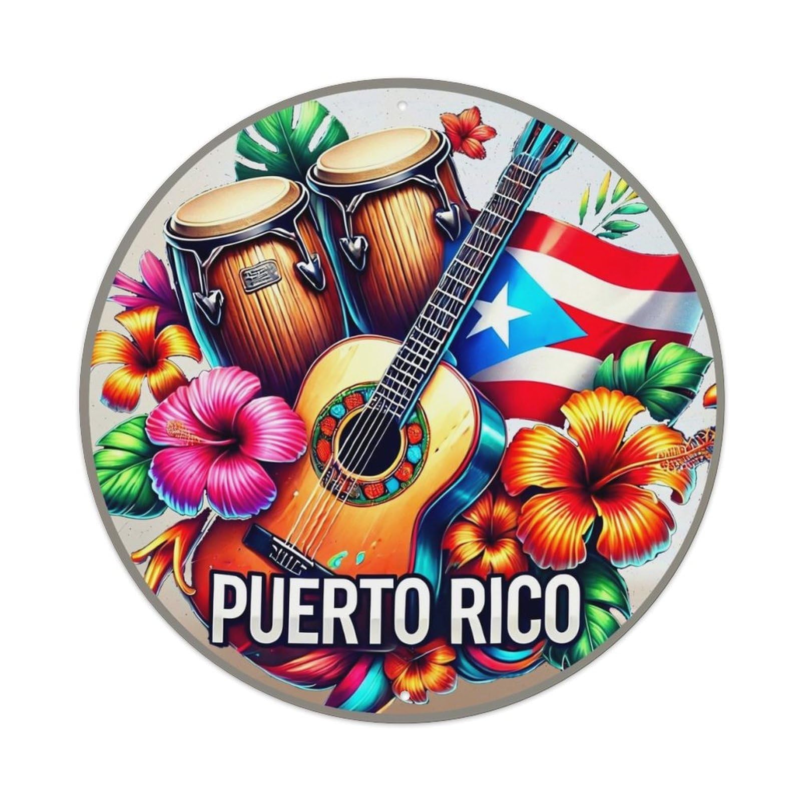 Puerto Rico Flag Guitar Drums Flowers Vintage Round Tin Sign Retro Metal Wall Decor Metal Poster, Home Bar Garage Cafe Wall Art Decoration 8x8Inches
