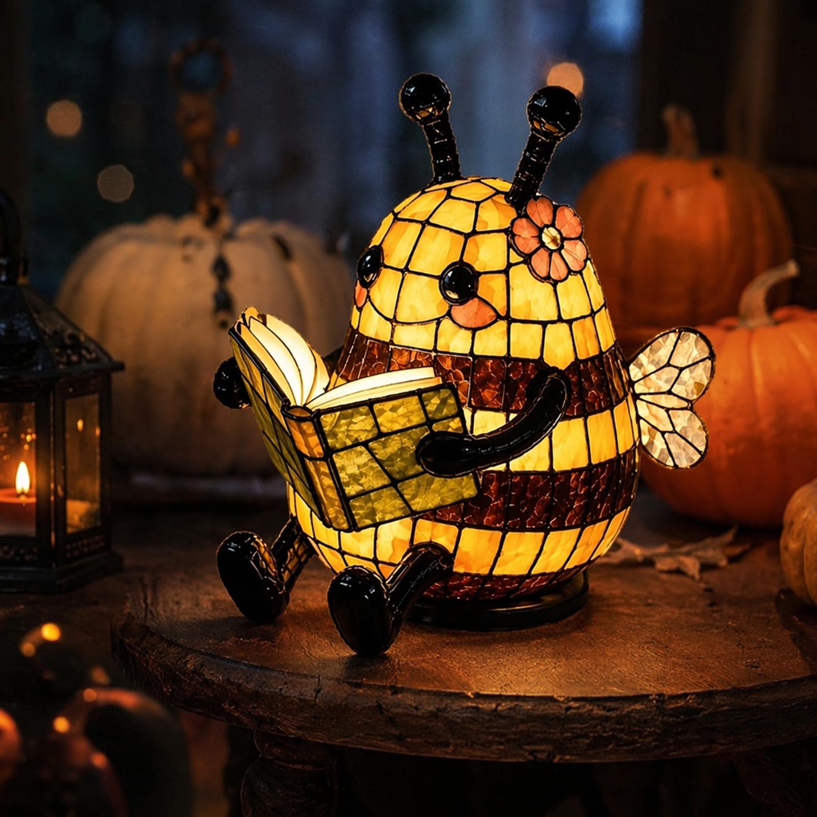 Halloween Stained Glass Pumpkin Lamp, Jack-O-Lantern Stained Glass Light