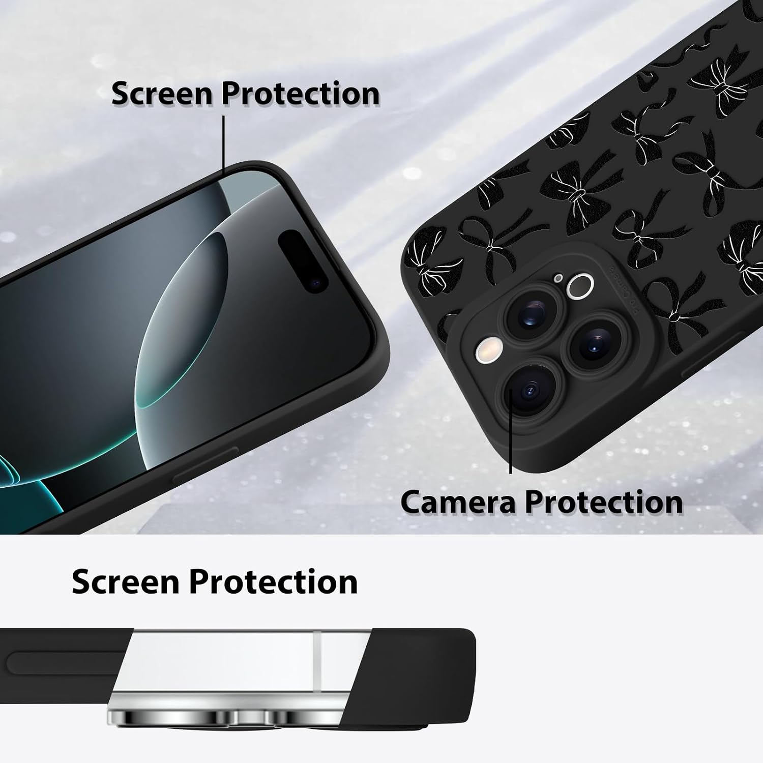 MZELQ for iPhone 16 Pro Max Case, Silicone Bow Paint Cute Pattern, Camera Protection Soft Slim Phone Case for Girls Women -Black