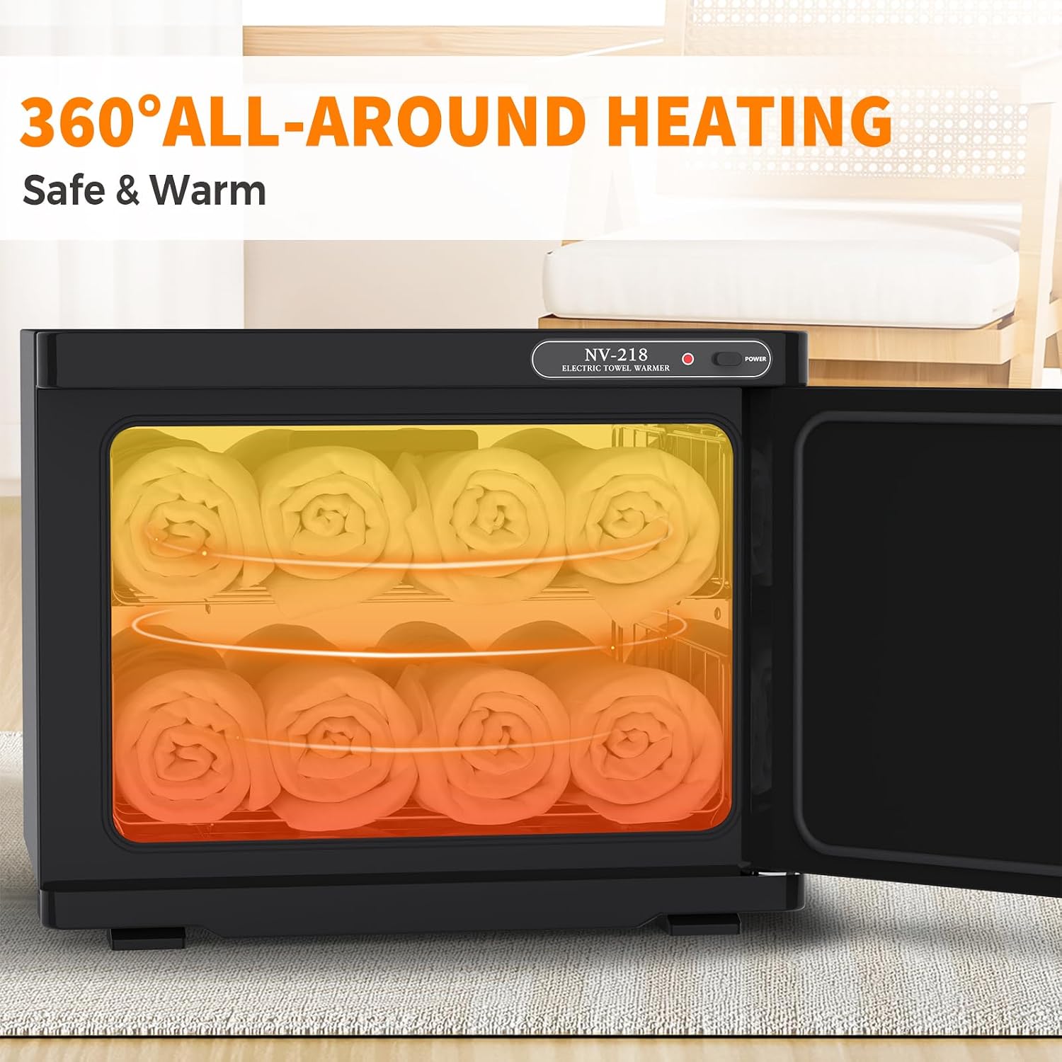 Advwin Towel Warmer showing 360-degree all-around heating, with towels inside glowing orange