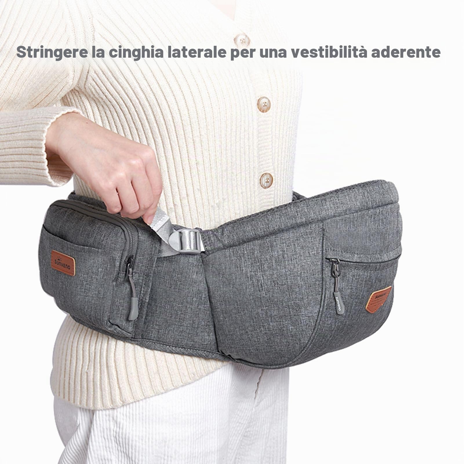 SUNVENO - Seggiolino ergonomico per bambini, con cintura regolabile e tasca, per bambini da 0 a 20 kg（Grigio）