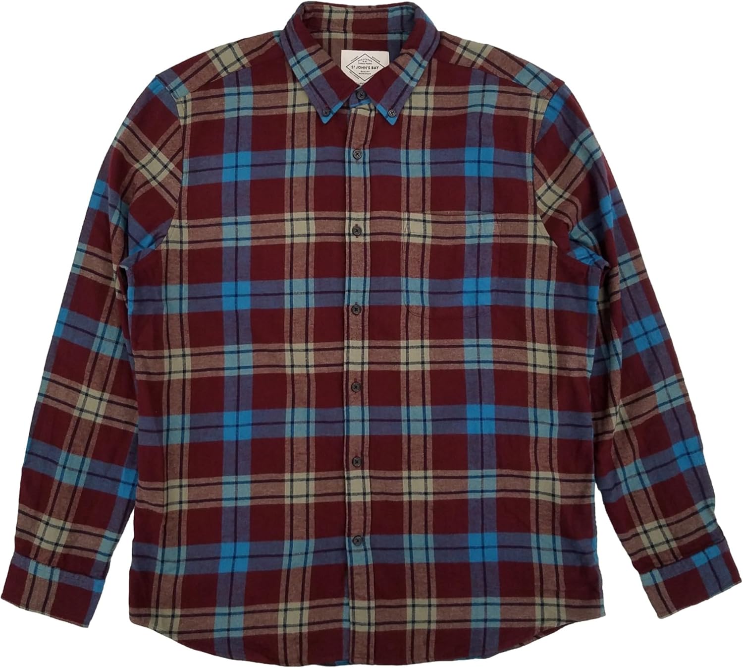 St. John's Bay Mens Burgundy Multi Plaid Long Sleeve Flannel Shirt