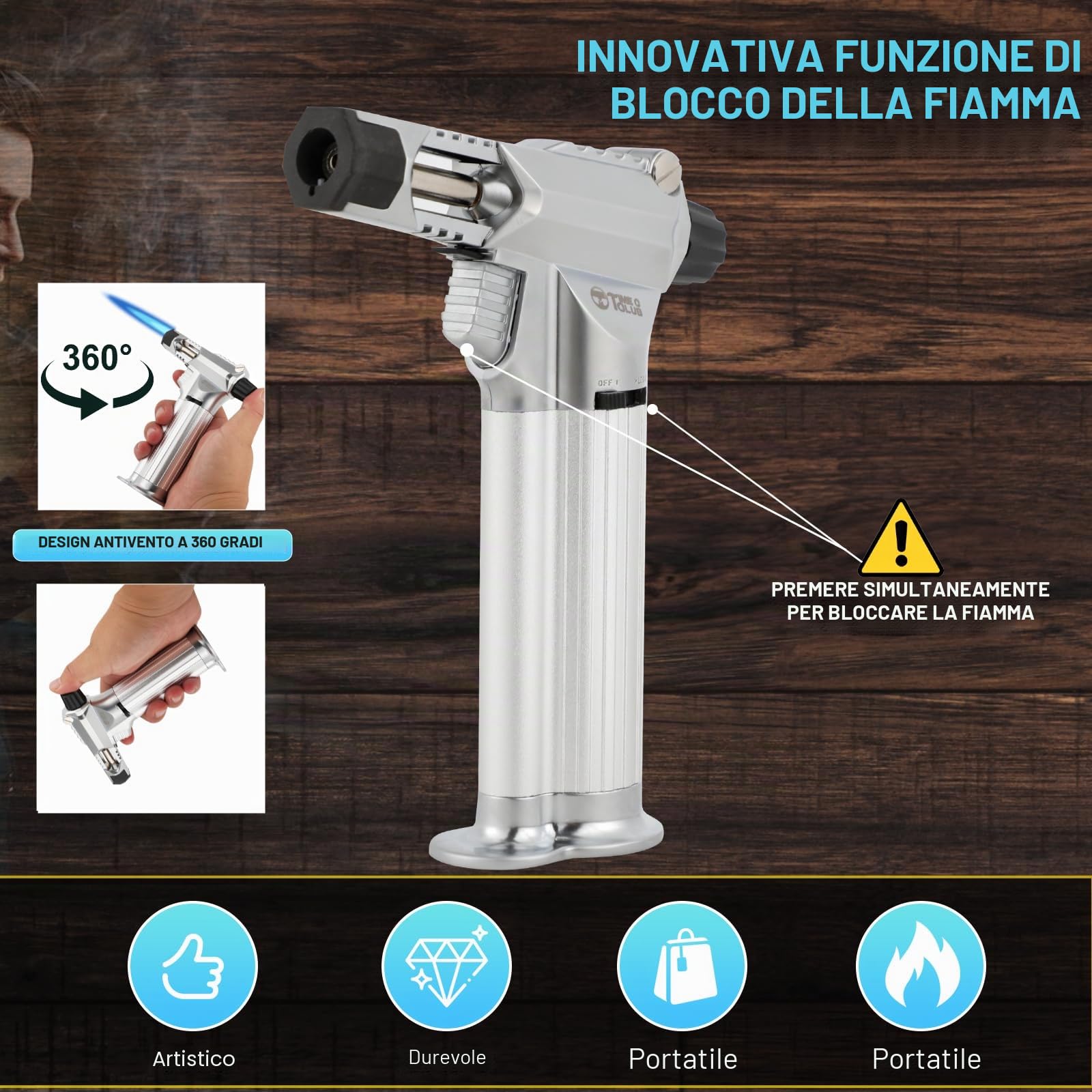 Tutto in metallo, bruciatore professionale da cucina con blocco di sicurezza, fiamma multiuso ricaricabile regolabile, per barbecue all'aperto, cottura