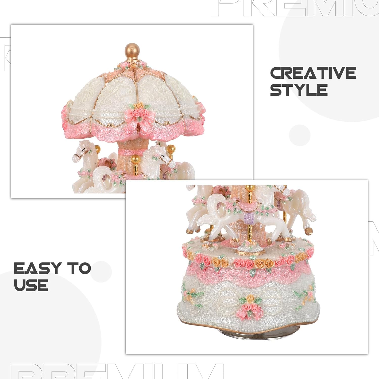 Housoutil Carousel Music Box with Rotating Horse and LED Lights, Vintage Mechanical Musical Box for Home Décor and Christmas, White Color