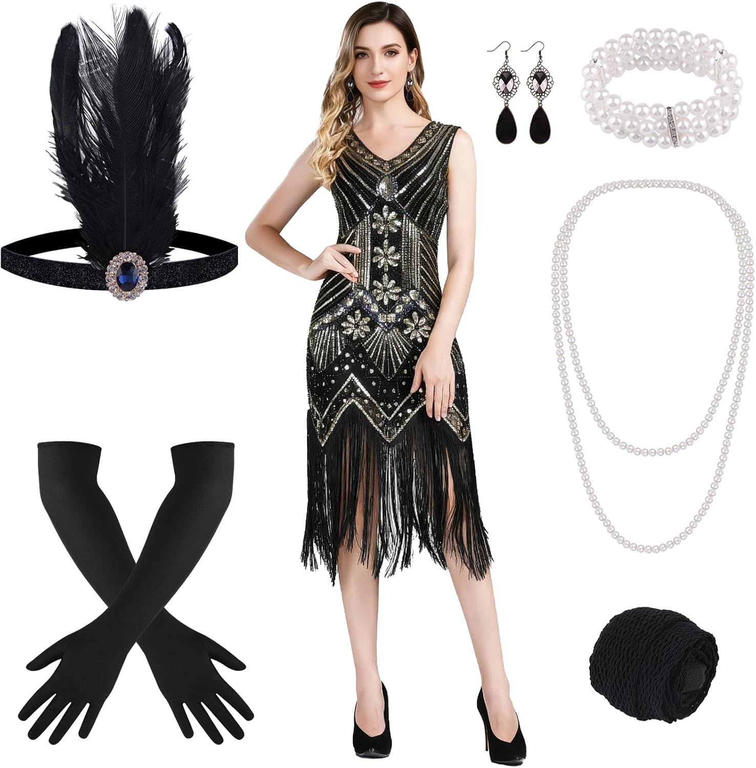 FEPITO 1920s Flapper Dresses for Women, Fringed Sequin Great Gatsby Dress for Women with 20s Accessories, Roaring 20s Costume