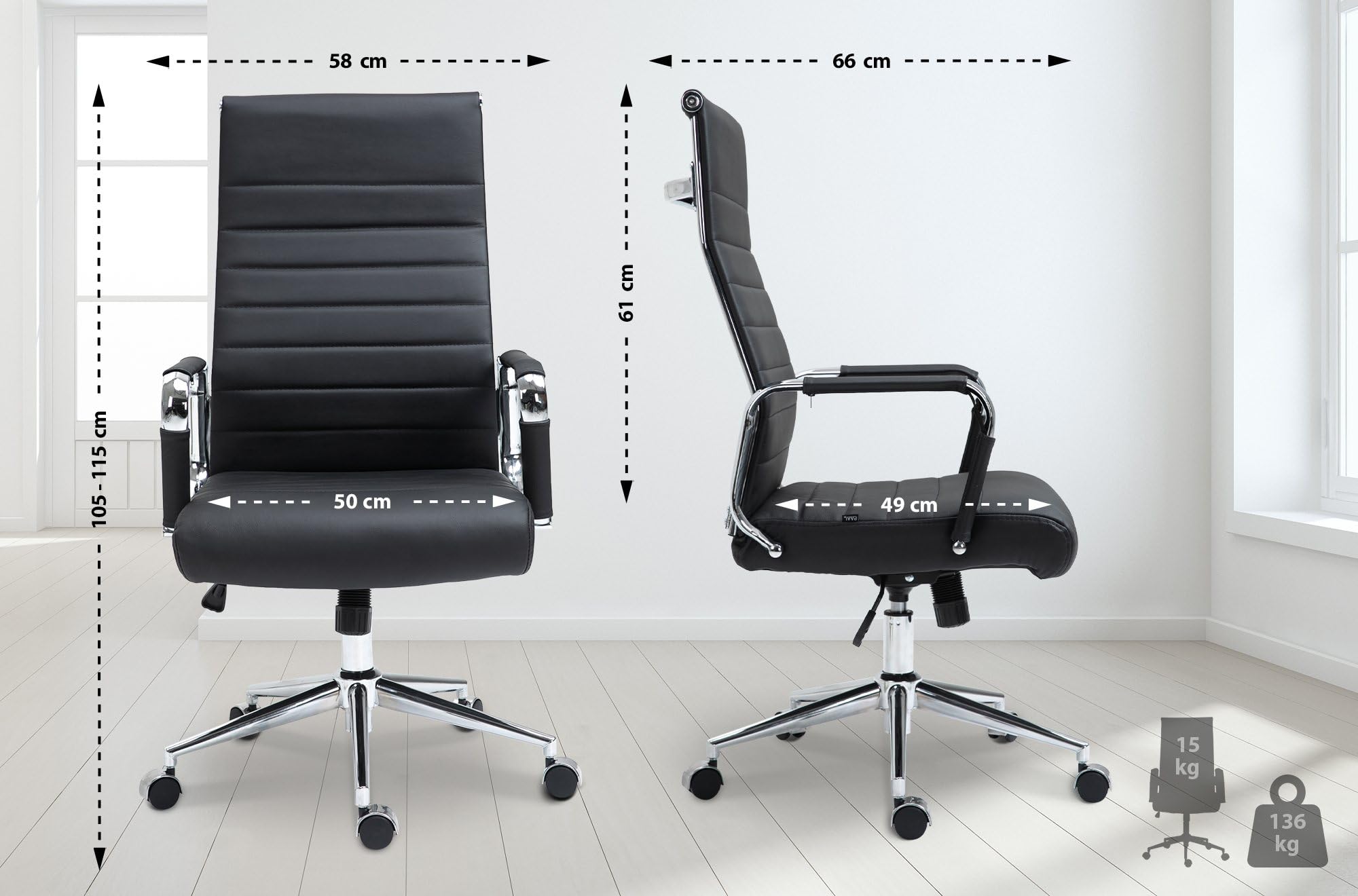 CLP Silla de Oficina ergonómica Kolumbus de Cuero auténtico, Silla de Escritorio Regulable en Altura, Capacidad de Carga hasta 150 kg Color:Negro
