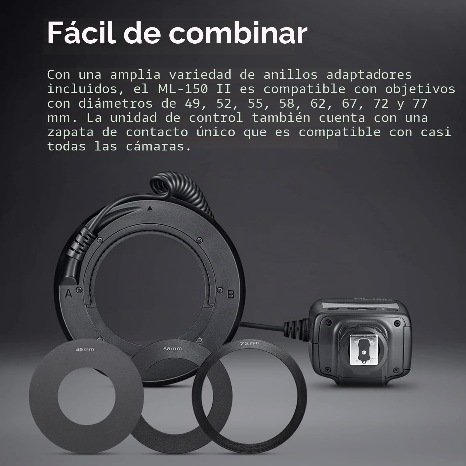 Godox ML-150II,Luz de flash para macro, universal, 11 niveles de brillo, 5800 K ± 200 K GN12 Fast Recycle 1/200s-1/5000s, con 8 anillos adaptadores, para cámara réflex Canon Nikon Sony DSLR