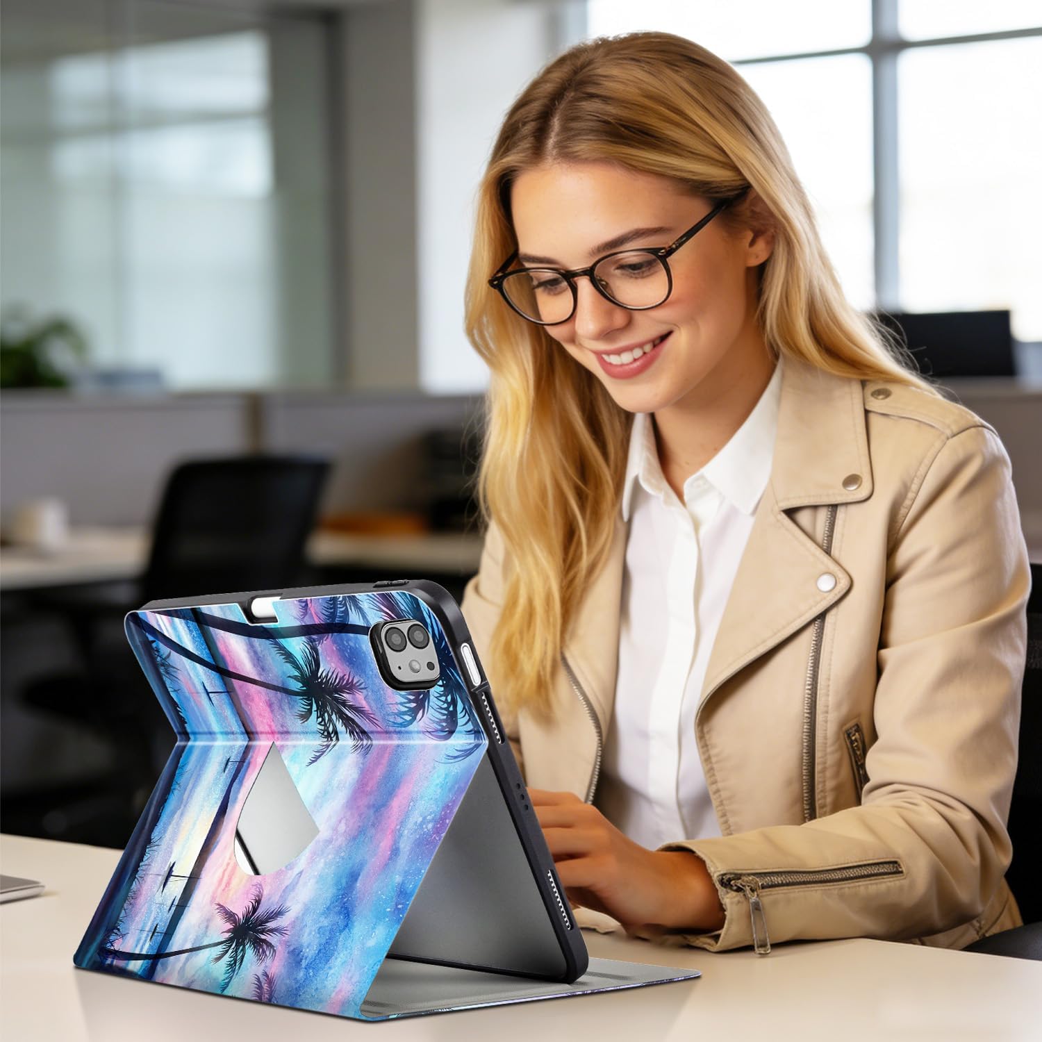 Lokigo Rotating Case for iPad Air 11" M4/M3/M2 (2026/2025/2024), iPad Air 5th/4th Gen (2022/2020) 10.9“, iPad Pro 11” (4th/3rd/2nd/1st), 360 Degree Stand Cover with Pencil Holder, Purple Coconut Tree