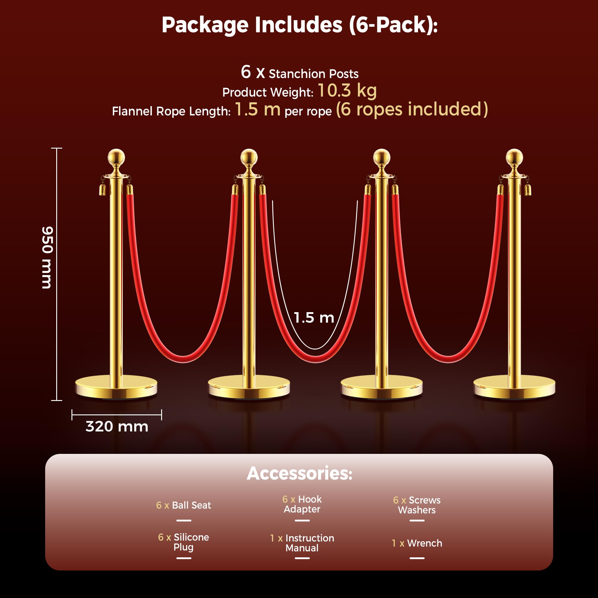 Lot de 6 Poteaux de guidage VIP et cordes velours rouge