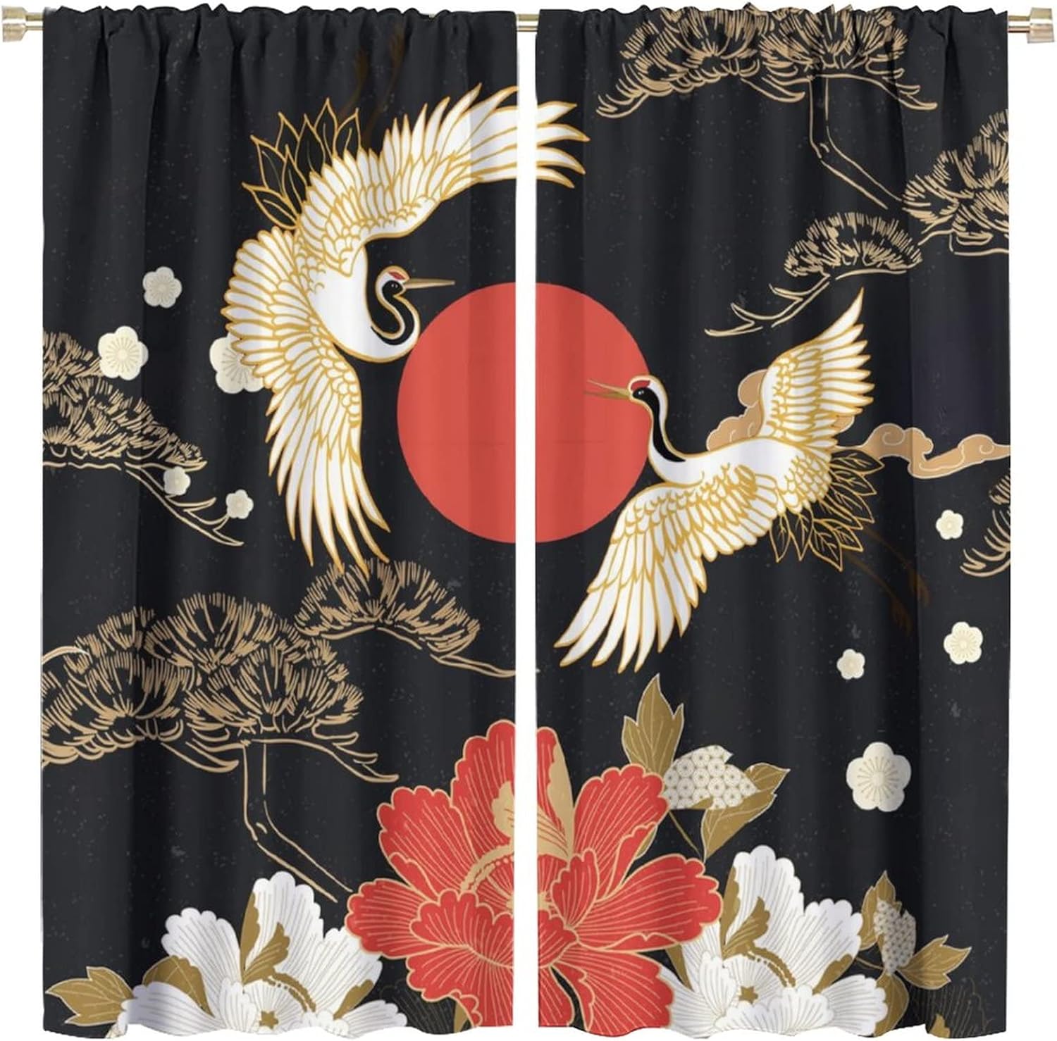 Abstract Japan Blackout Curtains for Bedroom - Vintage Black Gold Japanese Pine Tree Red Sun Crane Floral Window Treatment,Rod Pocket Room Darkening Curtains 2 Panels 45L x 21W