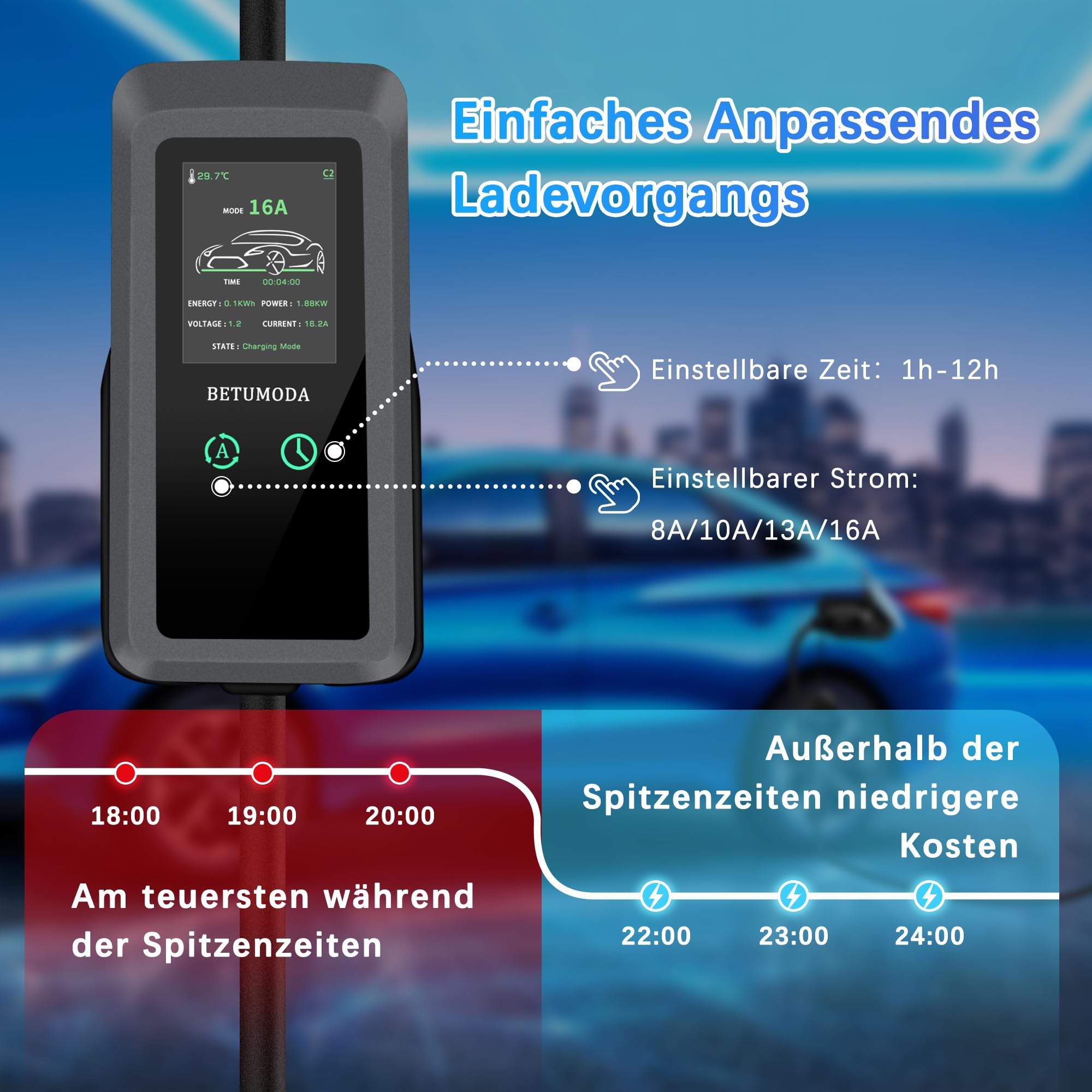BETUMODA Mobile Wallbox 11 kW Caricatore Tipo 2 con Spina CEE 16A, Cavo di Ricarica 3 Fasi, Potenza di Ricarica Regolabile 8-16A, Impermeabile IP65, per Tutte Le Auto elettriche e PHEV