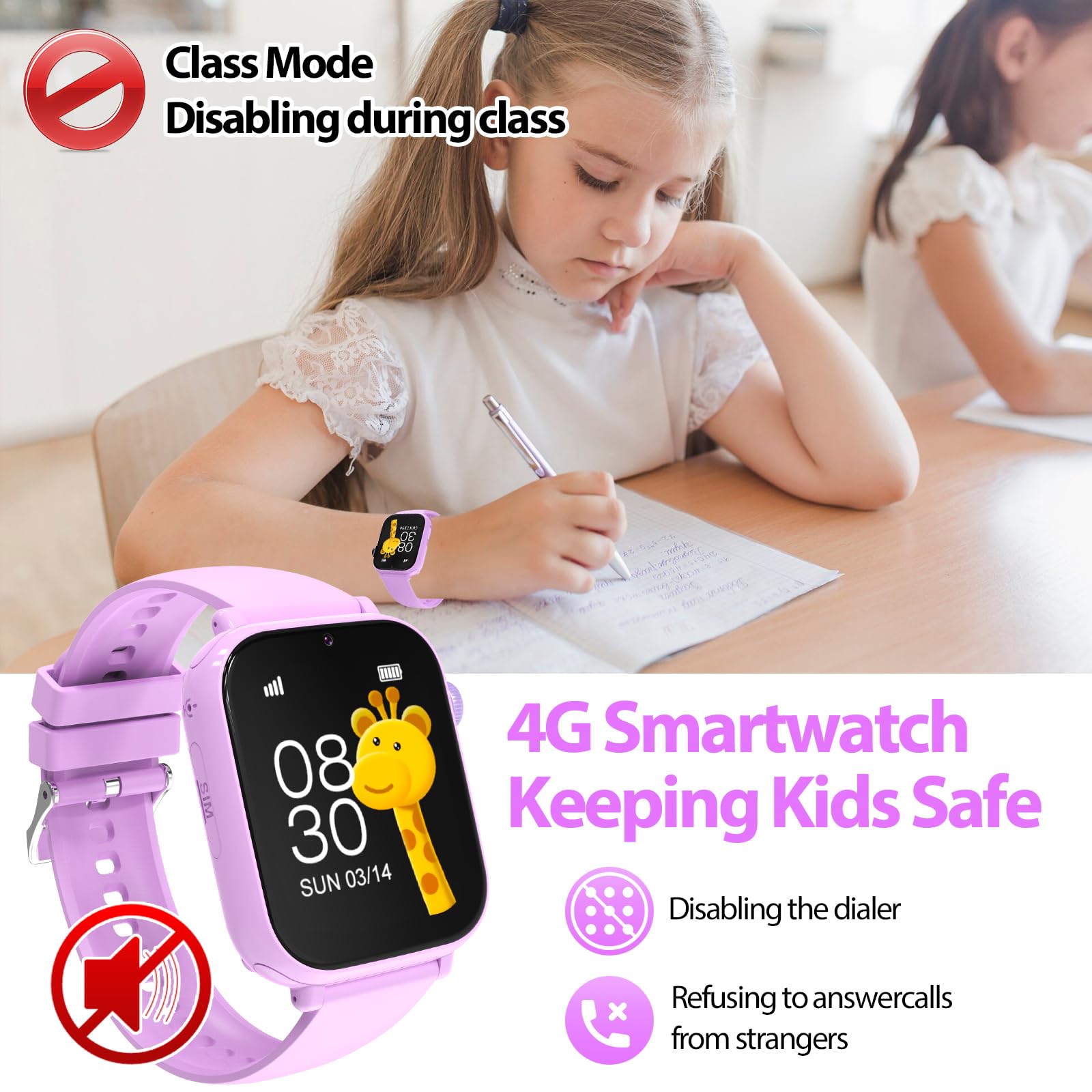 Alutoria 4G Smartwatch Bambina, Orologio GPS Bambini, Con Videochiamata e Telefono, WIFI/GPS/LBS Contapassi/Ricevi SMS SOS Modalità Scuola Sveglia, Regali per Bambini Dai 4 Anni in Su, Viola tenue