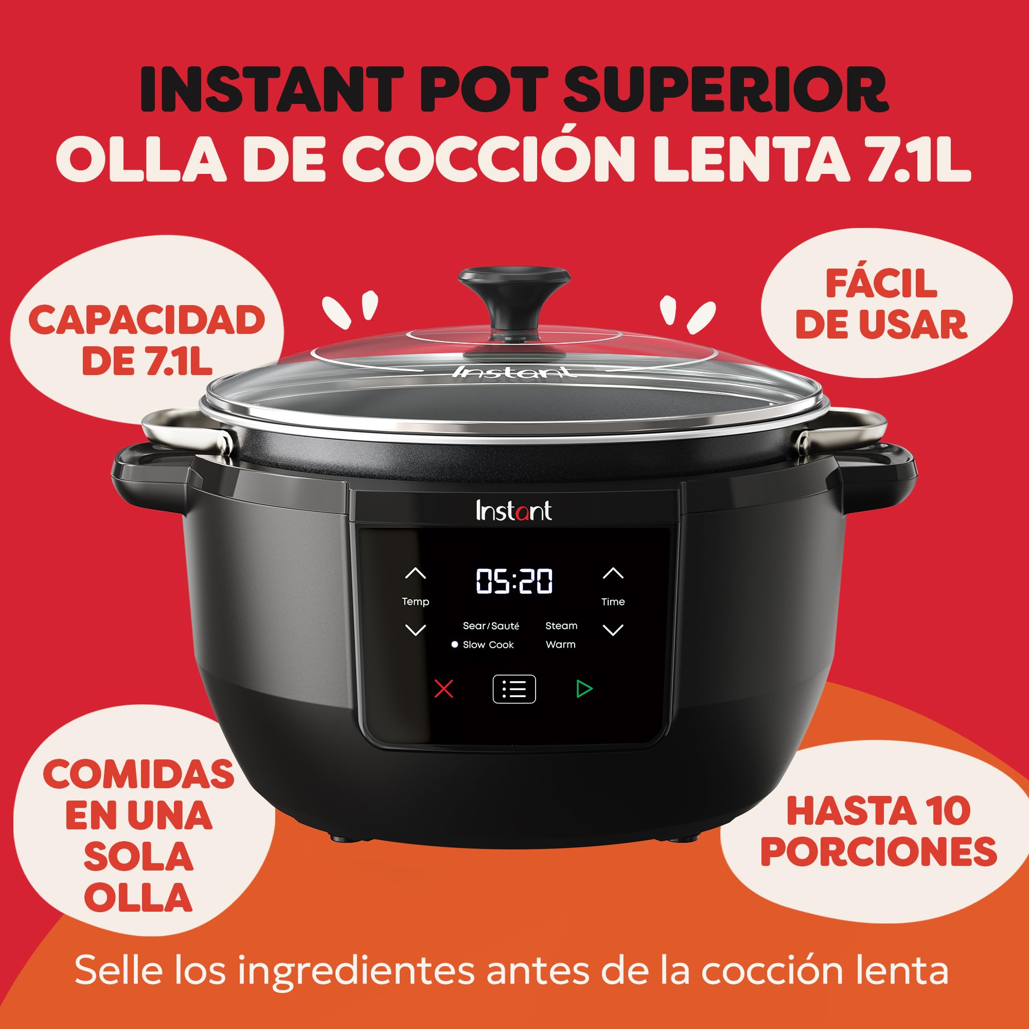 Instant Olla de Cocción Lenta Superior Gran Capacidad, Programable, Tapa De Cristal, 7.1L