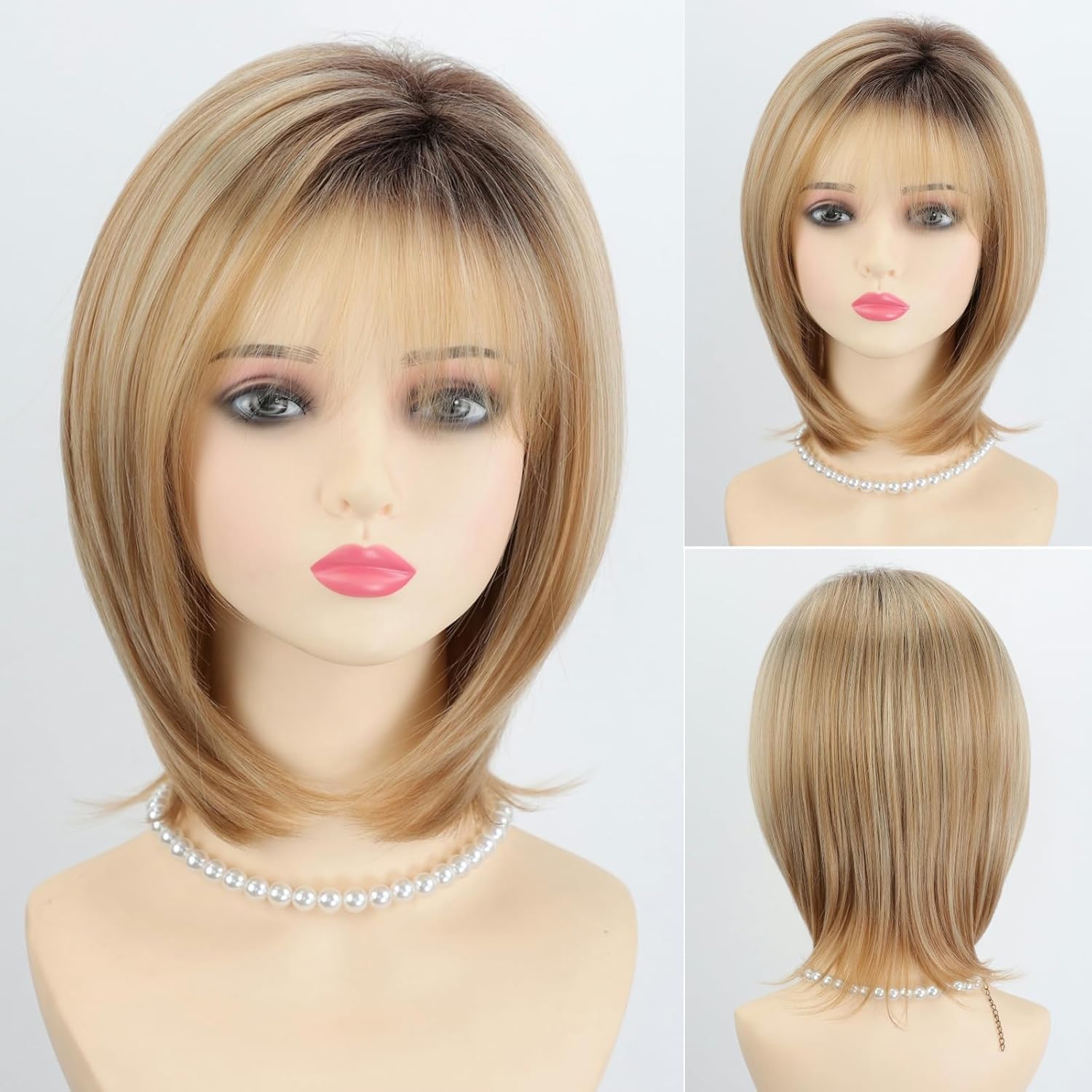 RENERSHOW Medium Length Bob Wigs for White Women Layered Blonde Highlight Straight Pixie Bob Wig with Bangs Heat Synthetic Natural Daily Party Wig 12inch Average Size Wig