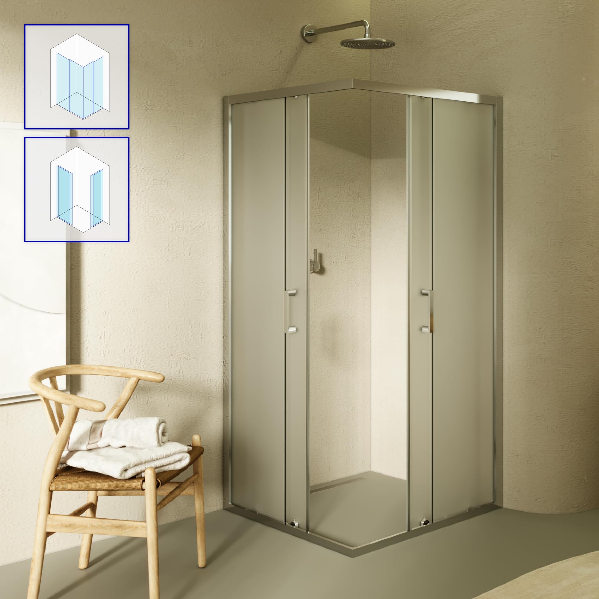 Mampara de Ducha Diana 75x75x190cm | REVERSIBLE | Puerta corredera, Ajuste 72,5-74,5 x 72,5-74,5cm | Perfiles Cromados, cristal de seguridad ESG Satinado de 6mm