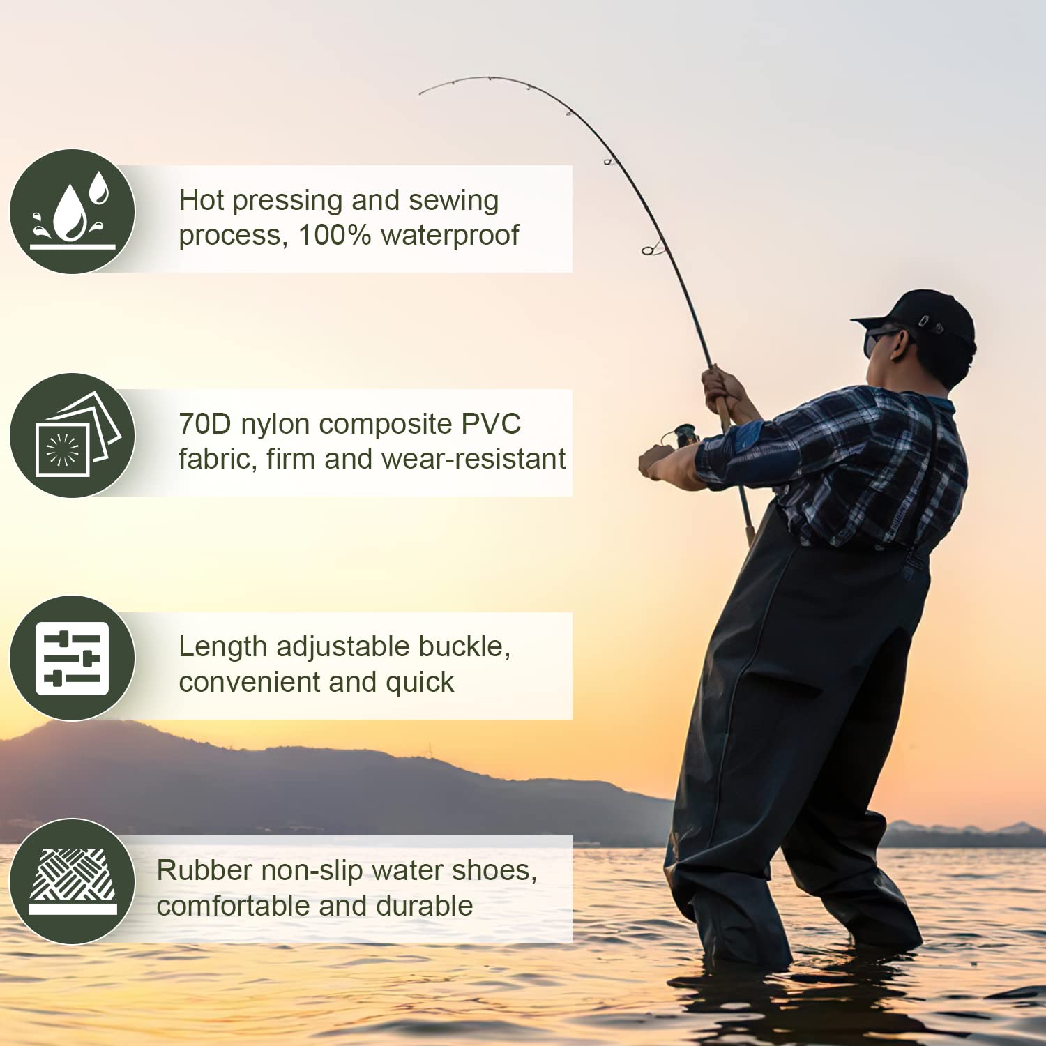 Waders, Waders étanches 70D Nylon Composite PVC Pantalon de pêche, avec Bottes en Caoutchouc antidérapantes, Pantalon de Bassin, Pantalon de Crue