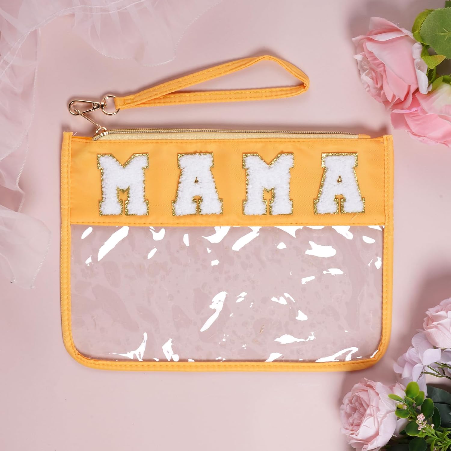 Chenille Letter Bag, Nylon Clear Cosmetic Bag with Zipper, Makeup Travel Pouch for Women Girls Gift (Yellow-MAMA) - Image 7