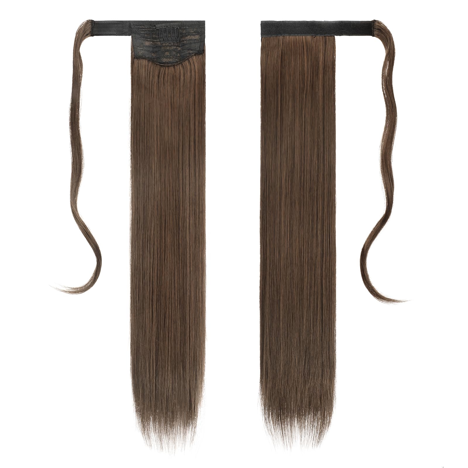 FESHFEN Postizos de Pelo 70 cm Largo Liso Cola de Caballo Extensiones Natural Sintética Ponytail Extensiones de Cabello Coleta Postizos para Mujeres, Castaño Chocolate