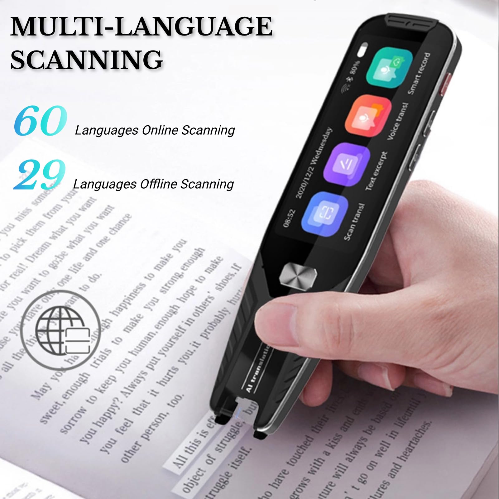 Translator Pen Scanner, 134 Languages Translation Device Supports Photo Voice Text Translation, 98% High Accuracy Online Offline Scanning Translator Pen with Mic & Speaker (Black)
