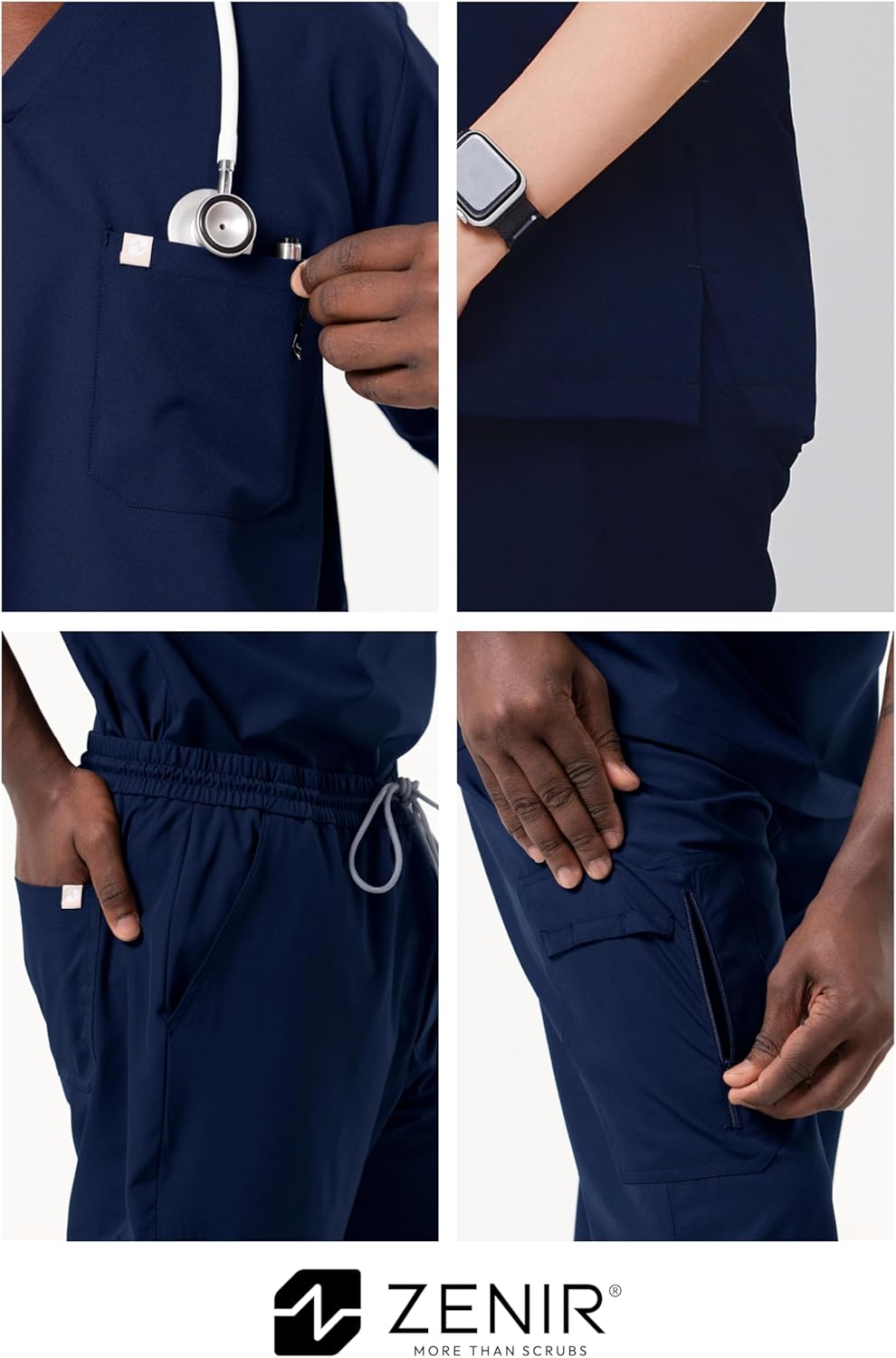 Men's Single Pocket Top and Zipper Pocket Jogger Pants Scrub Sets - Eco Navy