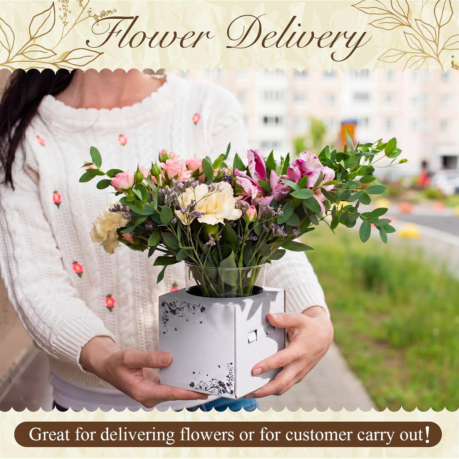 MotiMind 10 Pcs Cardboard Delivery Boxes Flower Delivery Box Vase Cases Cardboard for Bouquet Arrangements Florist Package (4'' X 4'' X 4'')