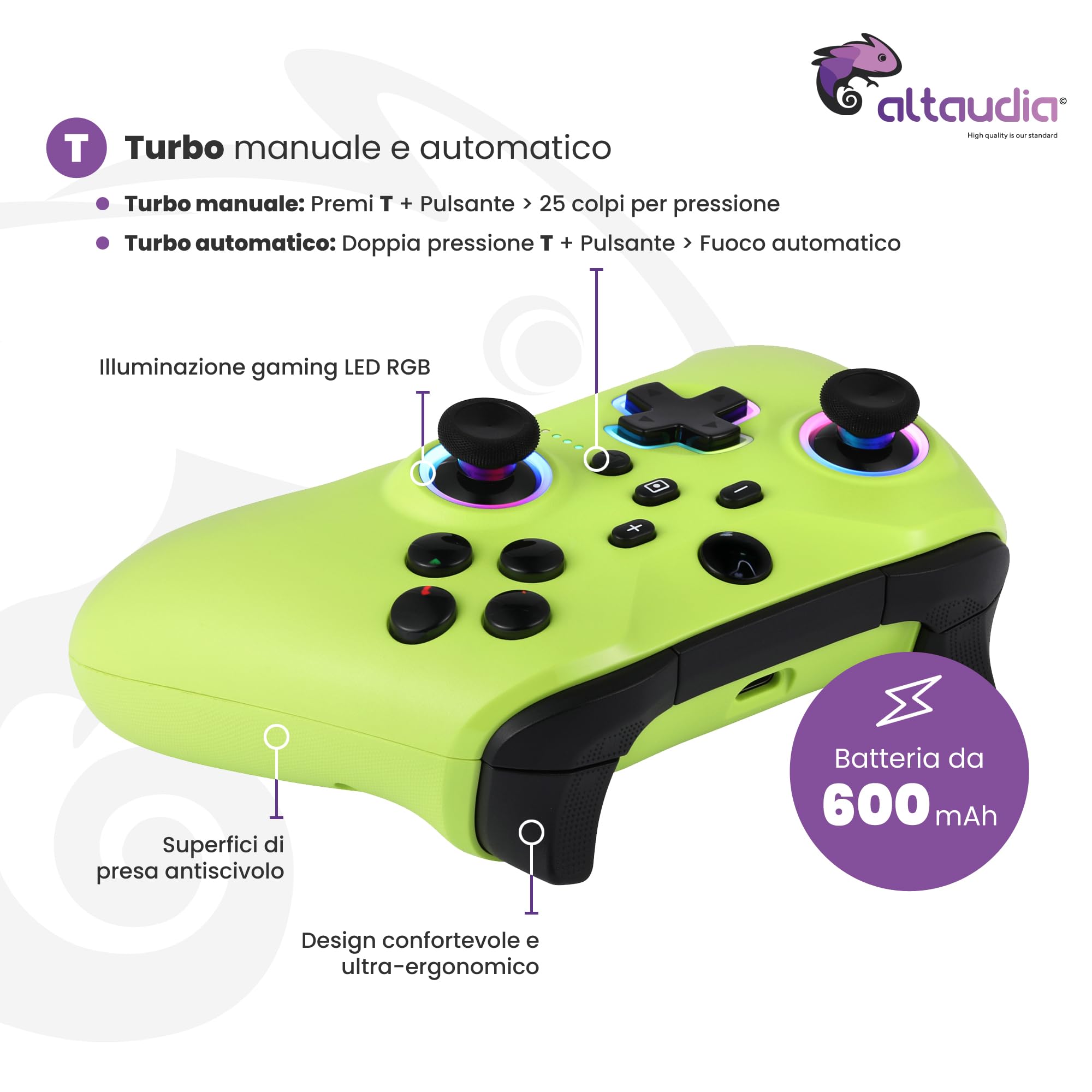Altaudia Controller Wireless Bluetooth per PC - Compatibile con PC, Switch/Smartphone Android e iOS, Connessione USB, 2 Pulsanti Macro, Doppia Vibrazione, 6 Assi, Luci LED RGB, Colore Verde