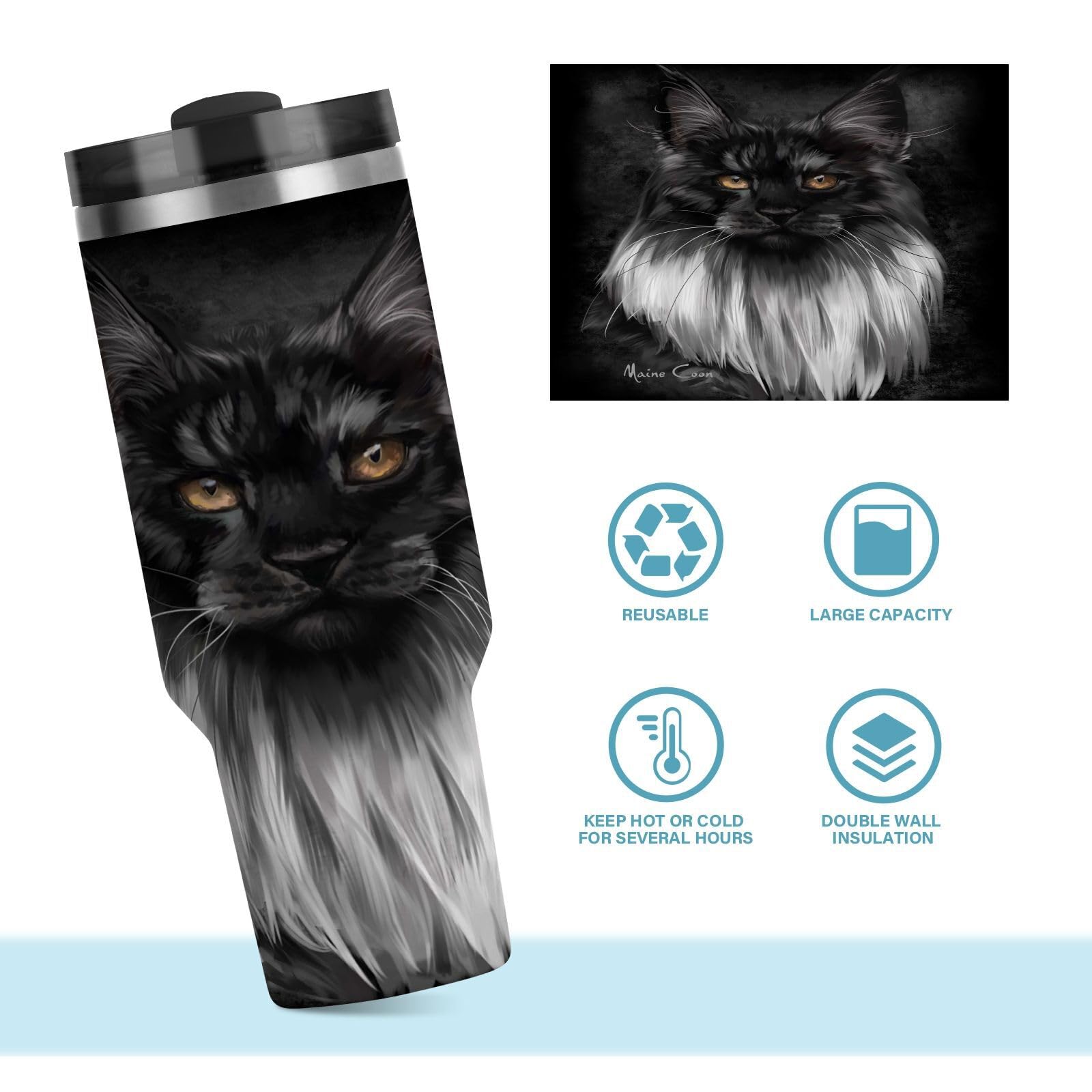 Isolierter Trinkbecher, schwarz, Maine Coon Katze, doppelwandig, Edelstahl, Wasserflasche, Kaffeetasse, Reisebecher mit Griff, Strohhalm-Deckel