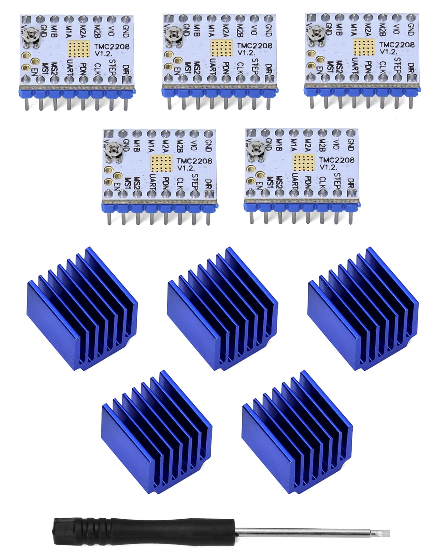 QWORK® 5PCS TMC2208 V1.2 Modulo driver motore passo-passo, con cacciavite per dissipatore di calore per parti di stampante 3D