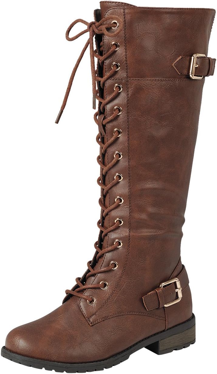 Forever Link Mango-27 Women's Strappy Lace-Up Knee High Combat Stacked Heel Boot,Brown,7
