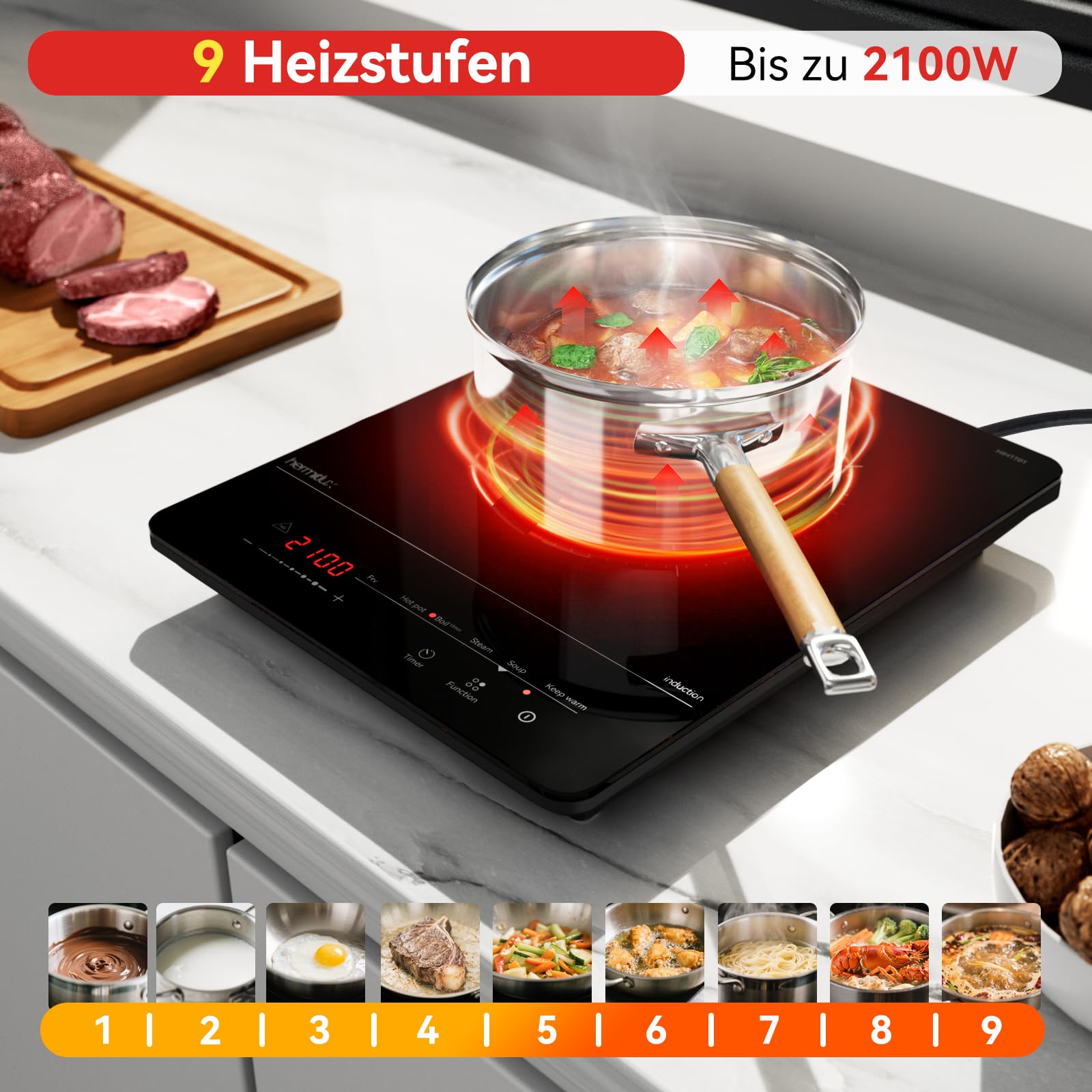 Hermitlux Induktionskochfeld 1 Platte 2100W 28cm mit Timer Touch-Steuerung 9 Leistungsstufen Kindersicherung Glaskeramik