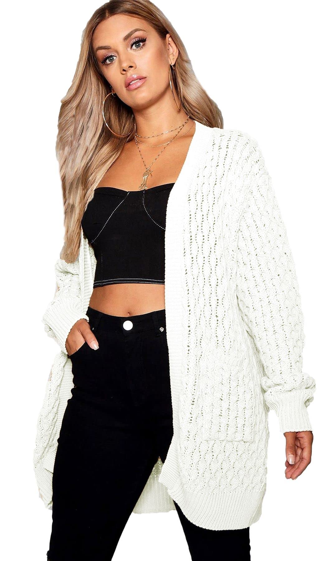 Crazy Girls Womens Crochet Knitted Boyfriend Cardigan, Cream, SM (UK 8-10)