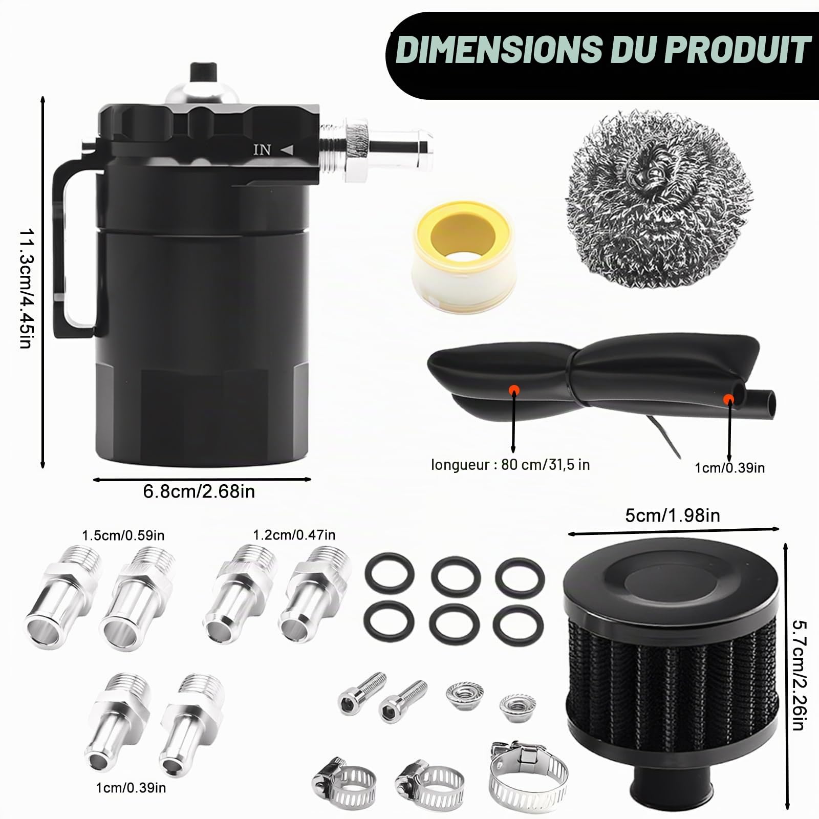 Récupérateur huile moteur, universel oil catch can, 300ml réservoir de récupération en aluminium des vapeurs d'huile moteur Réservoir de Stockage D'huile avec filtre à air, tuyau et accessoires