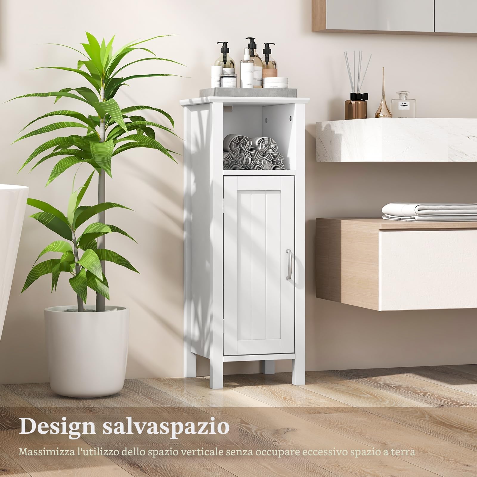 LIFEZEAL Mobile Bagno, in Legno, Mobiletto Bagno Salvaspazio, con Anta e Scomparto Aperto, Ripiano Regolabile, Armadietto Indipendente, 30x30x80 cm, Mobiletto Salvaspazio per Soggiorno (bianco)
