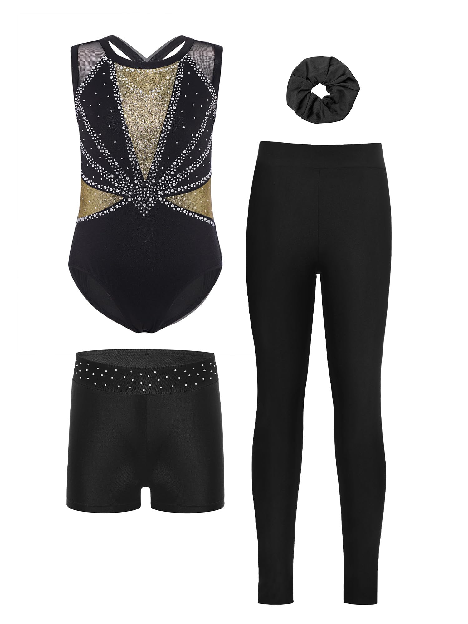 Vxuxlje Bambini Body Ginnastica Ritmica Bambine Con Shorts Tuta Intera Da Pattinaggio Artistico Ragazze Body Danza Classica Danza Classica Oro nero 13-14 anni