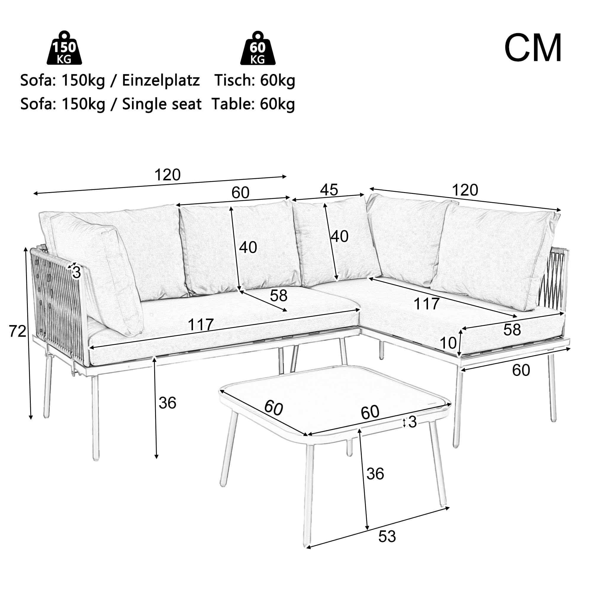 Juego de muebles de jardín de hierro con cuerda verde, juego de muebles de jardín en forma de L, juego de salón de cuerda verde con cojín, patas ajustables, 2 sofás y 1 mesa (gris)