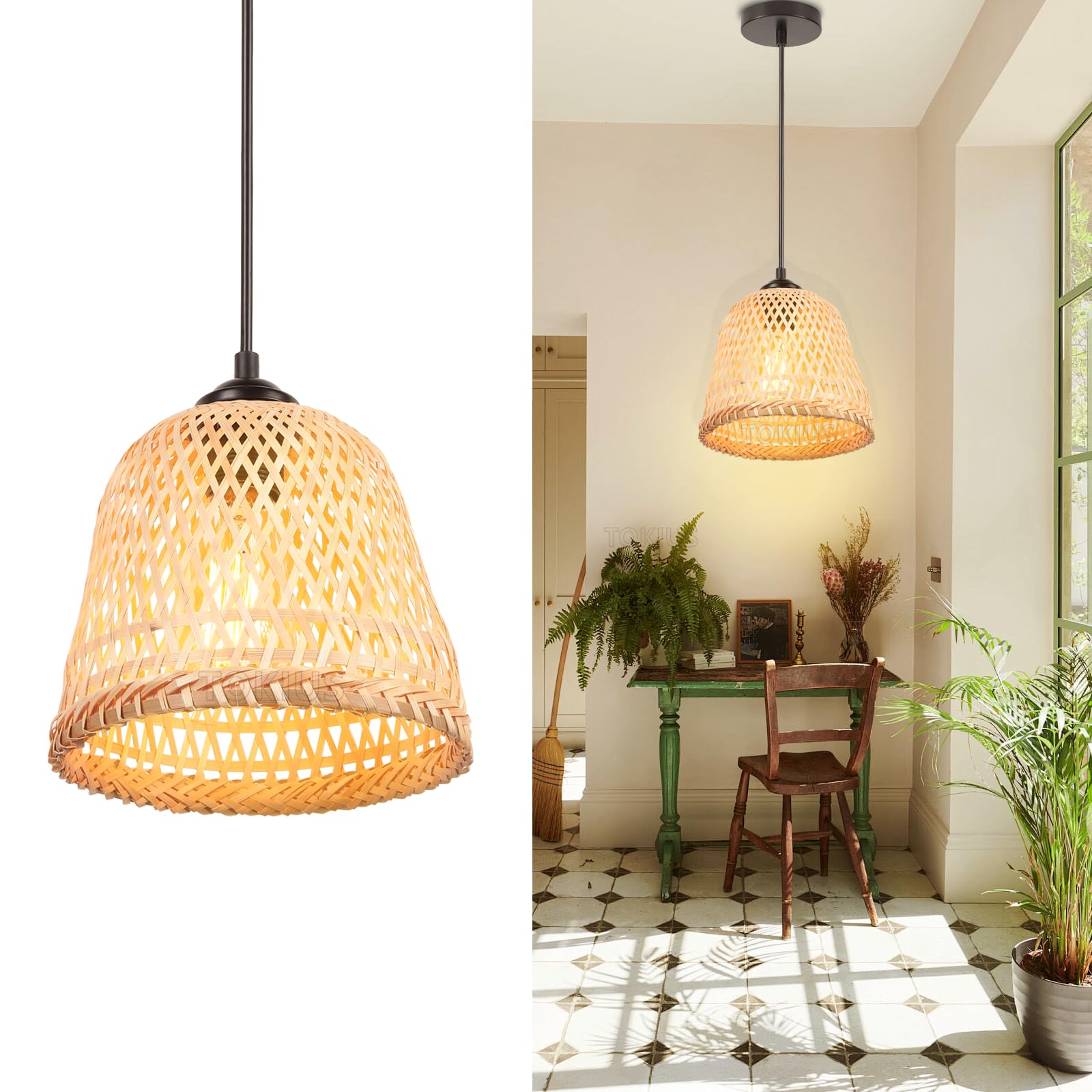 2 packs Lustres Suspensions Bambou Industrielle Luminaire Plafonnier E27 Vintage Lustre Abat-jour en Bambou Tressé Rétro Lampe de plafond Ø200mm Design Pour Salon Cuisine Chambre (A-L-2pcs)